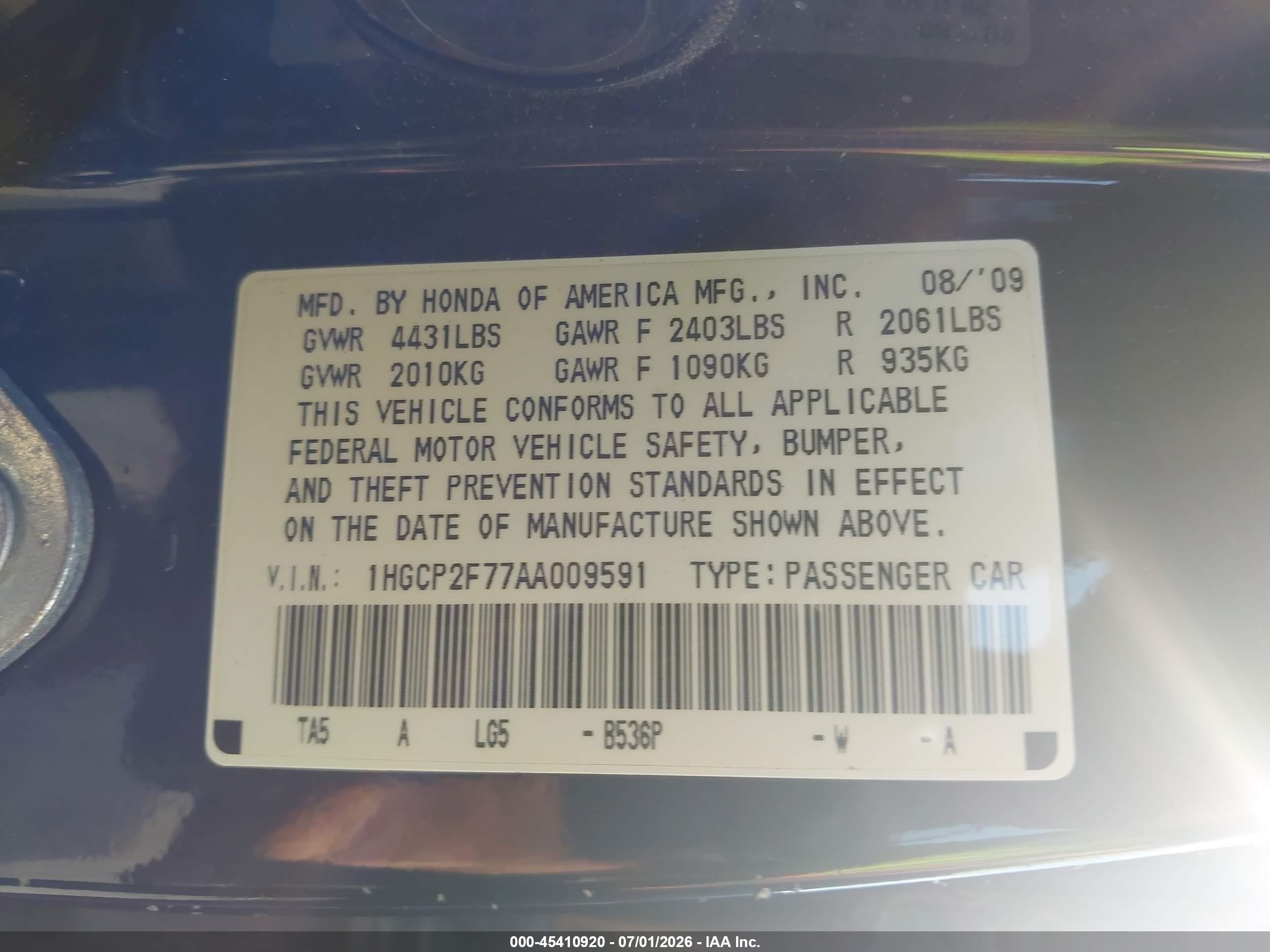 2010 Honda Accord 2.4 Ex Blue vin: 1HGCP2F77AA009591