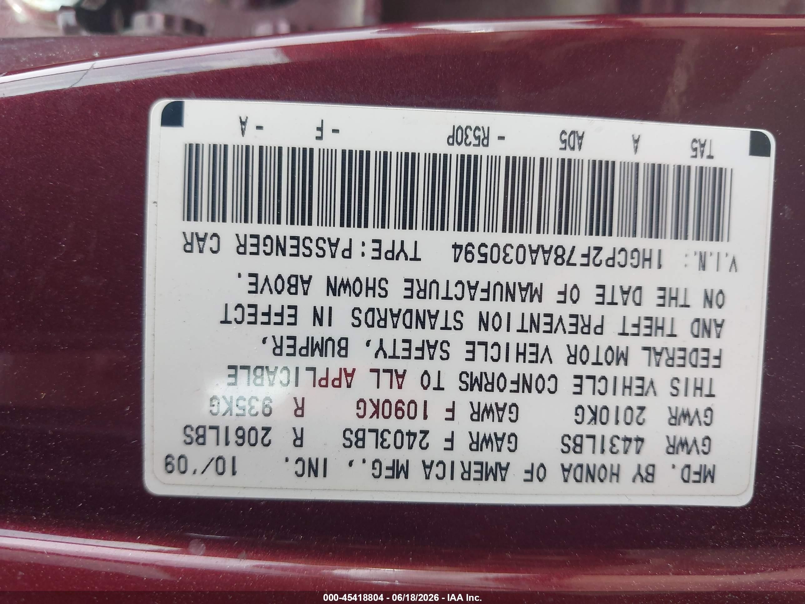 2010 Honda Accord 2.4 Ex Burgundy vin: 1HGCP2F78AA030594