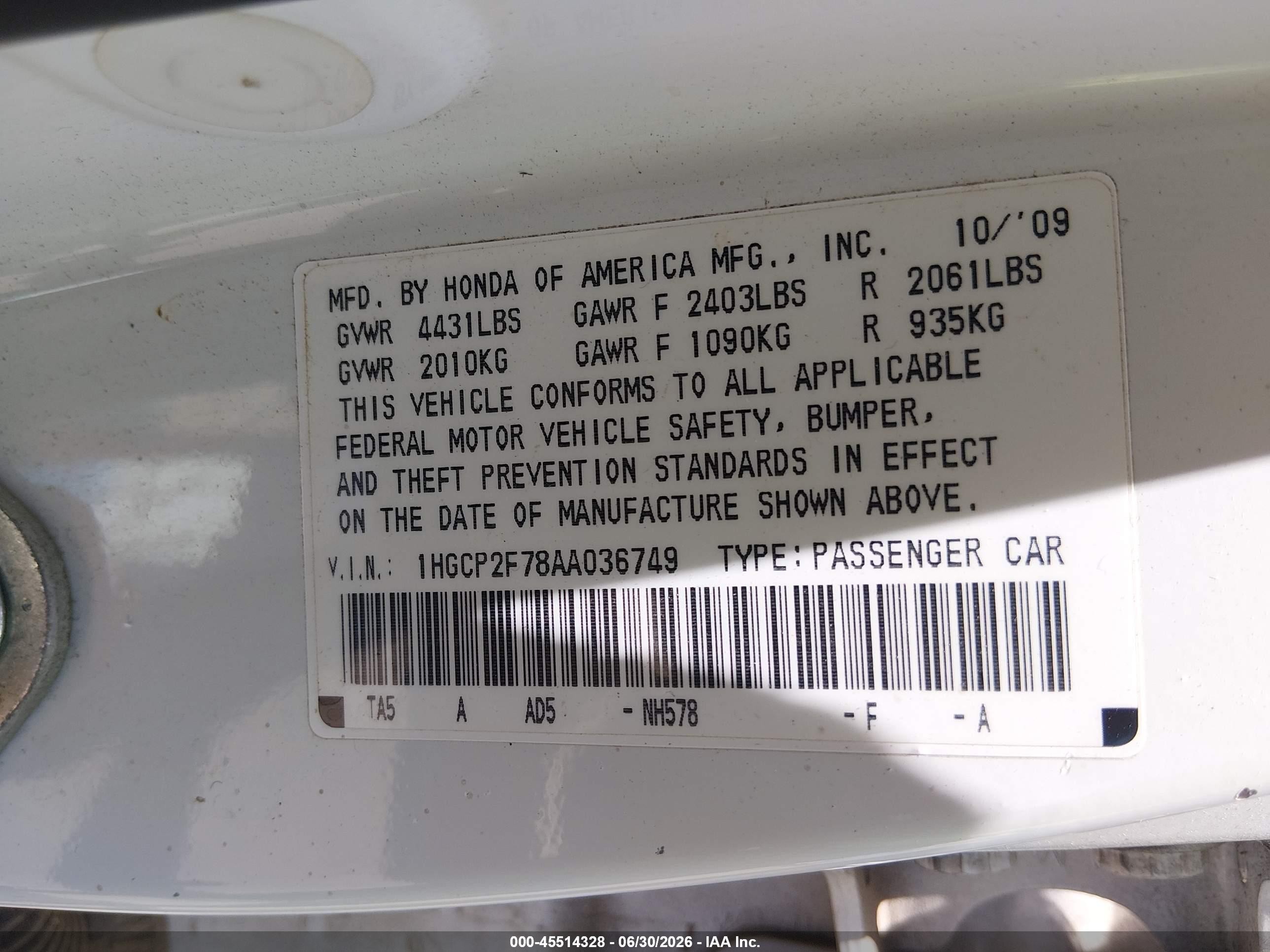 2010 Honda Accord 2.4 Ex Белый vin: 1HGCP2F78AA036749