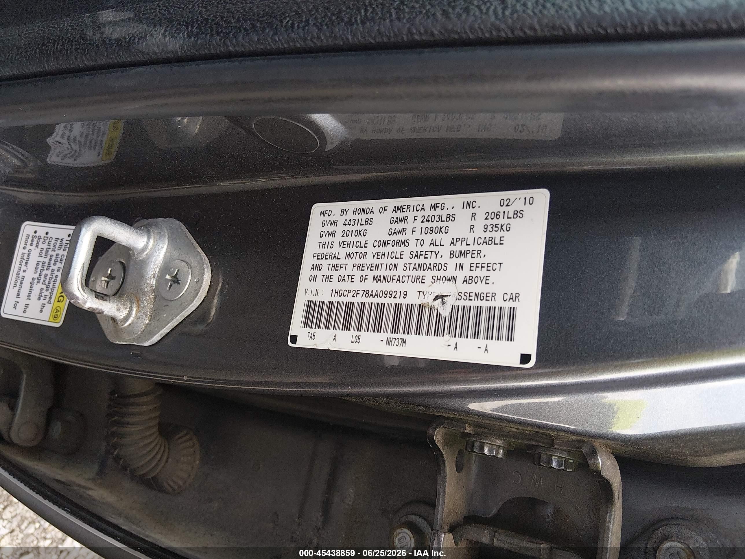 2010 Honda Accord 2.4 Ex Серый vin: 1HGCP2F78AA099219