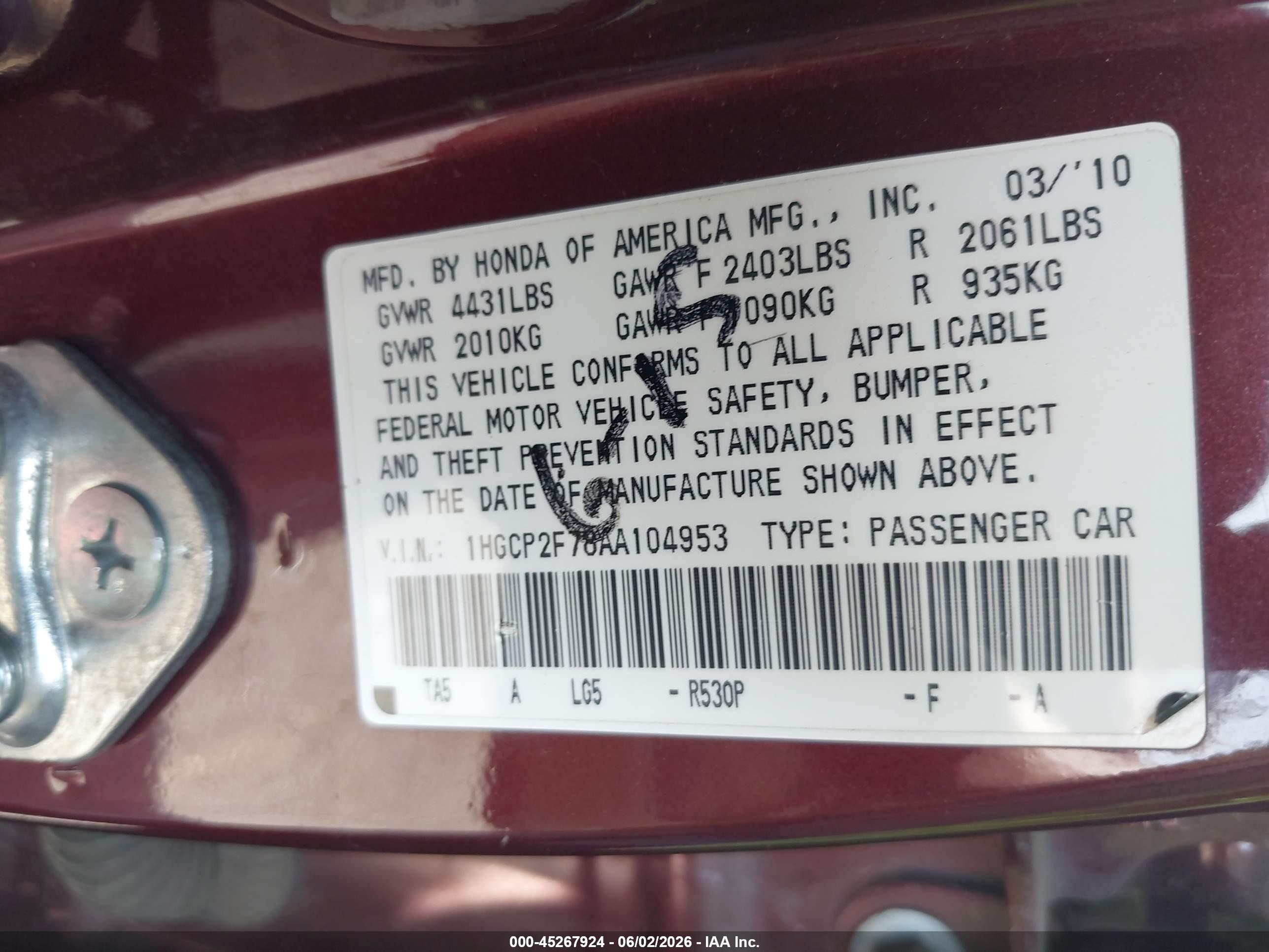 2010 Honda Accord 2.4 Ex Бордовый vin: 1HGCP2F78AA104953