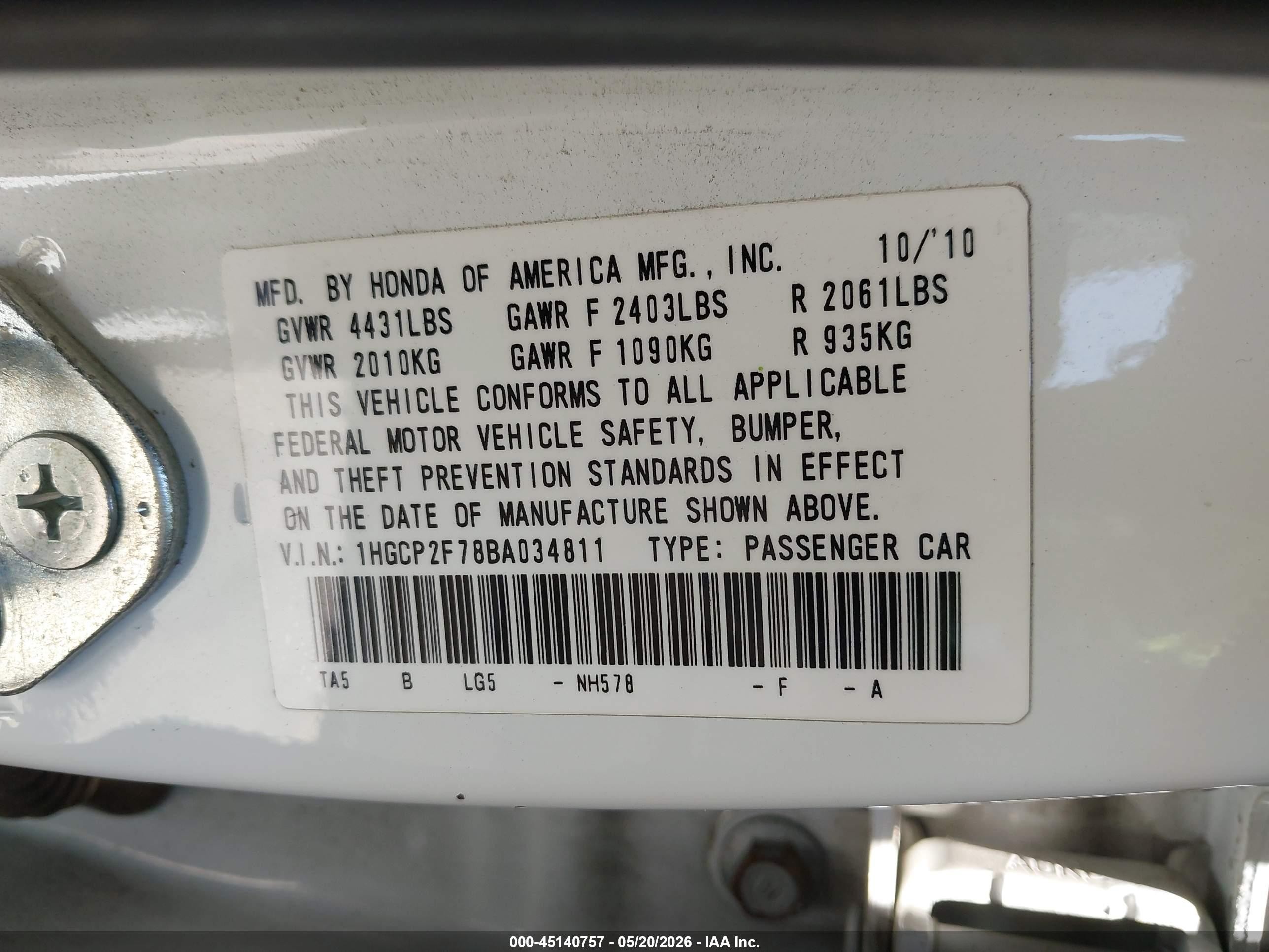 2011 Honda Accord 2.4 Ex Белый vin: 1HGCP2F78BA034811