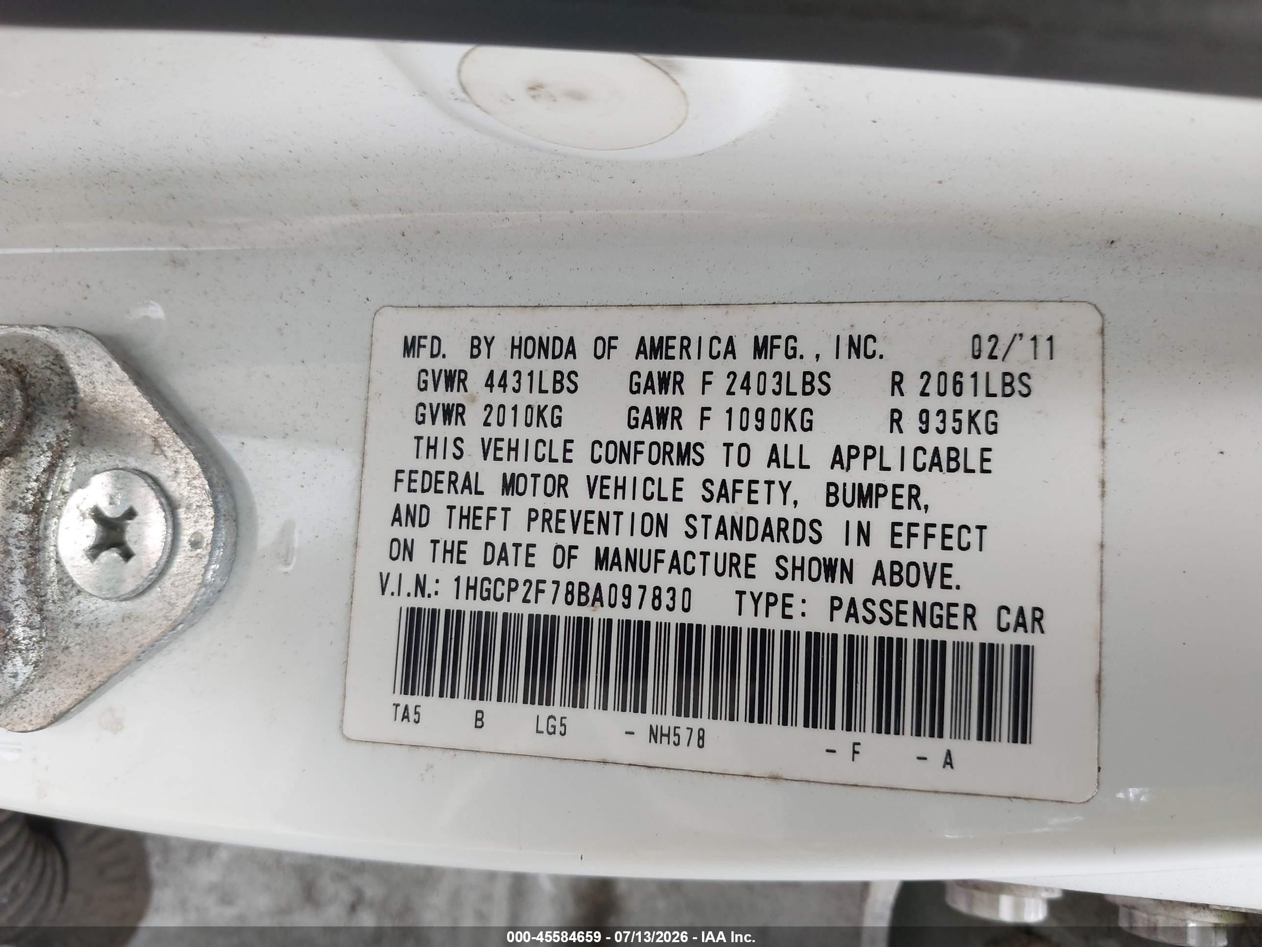 2011 Honda Accord 2.4 Ex White vin: 1HGCP2F78BA097830