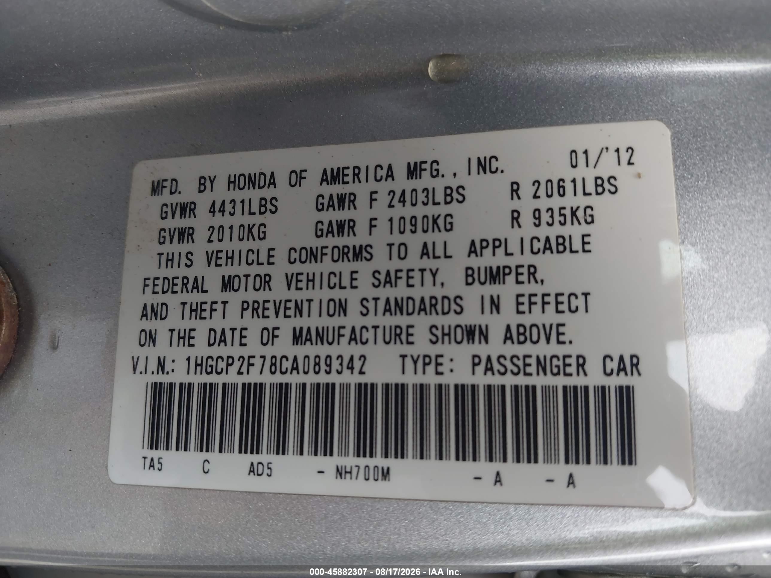 2012 Honda Accord 2.4 Ex Серебряный vin: 1HGCP2F78CA089342