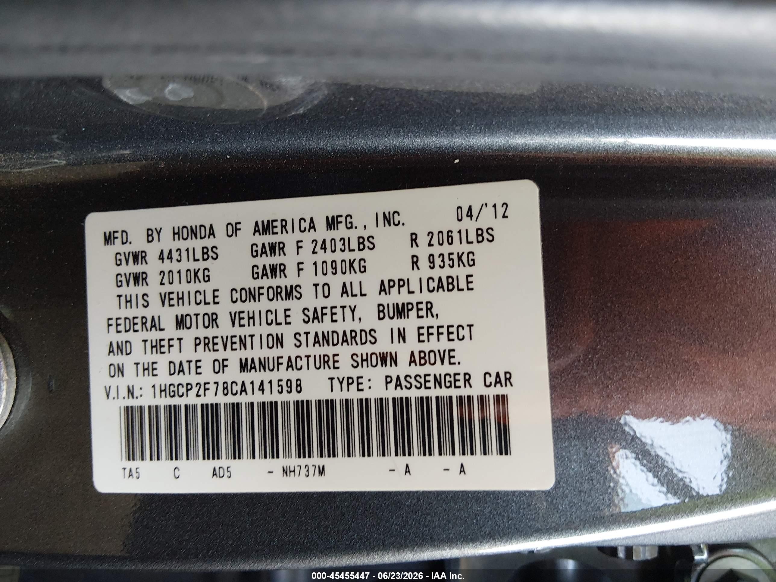2012 Honda Accord 2.4 Ex Gray vin: 1HGCP2F78CA141598