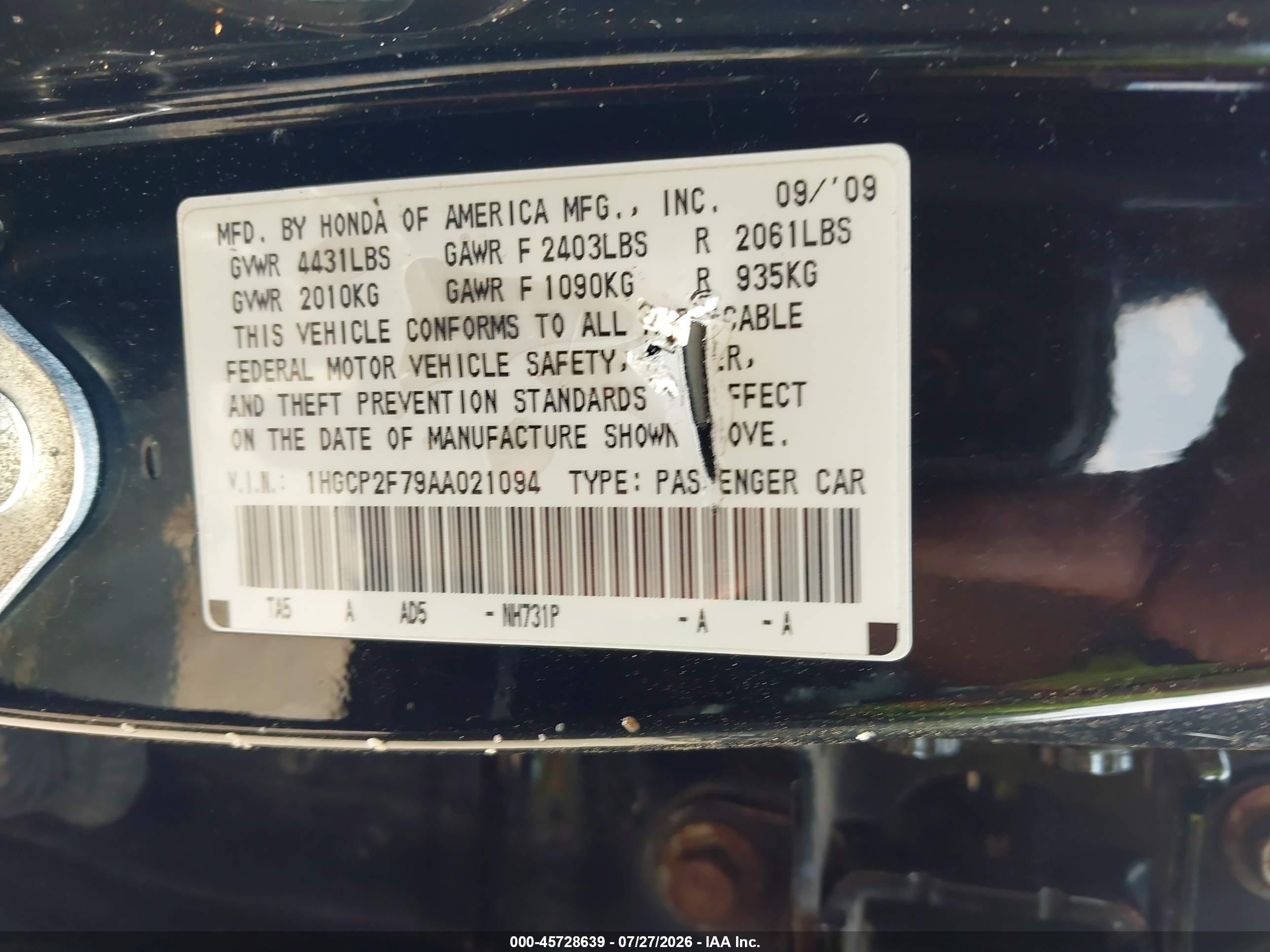 2010 Honda Accord 2.4 Ex Black vin: 1HGCP2F79AA021094