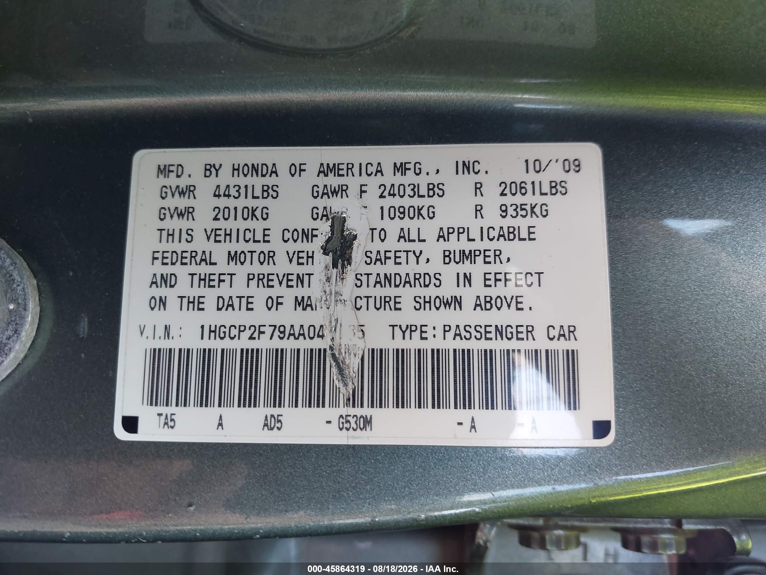 2010 Honda Accord 2.4 Ex Green vin: 1HGCP2F79AA041135