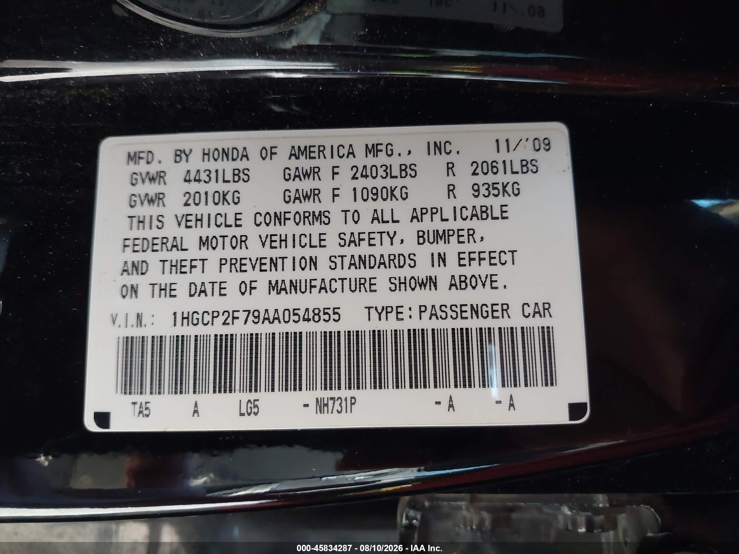 2010 Honda Accord 2.4 Ex Black vin: 1HGCP2F79AA054855