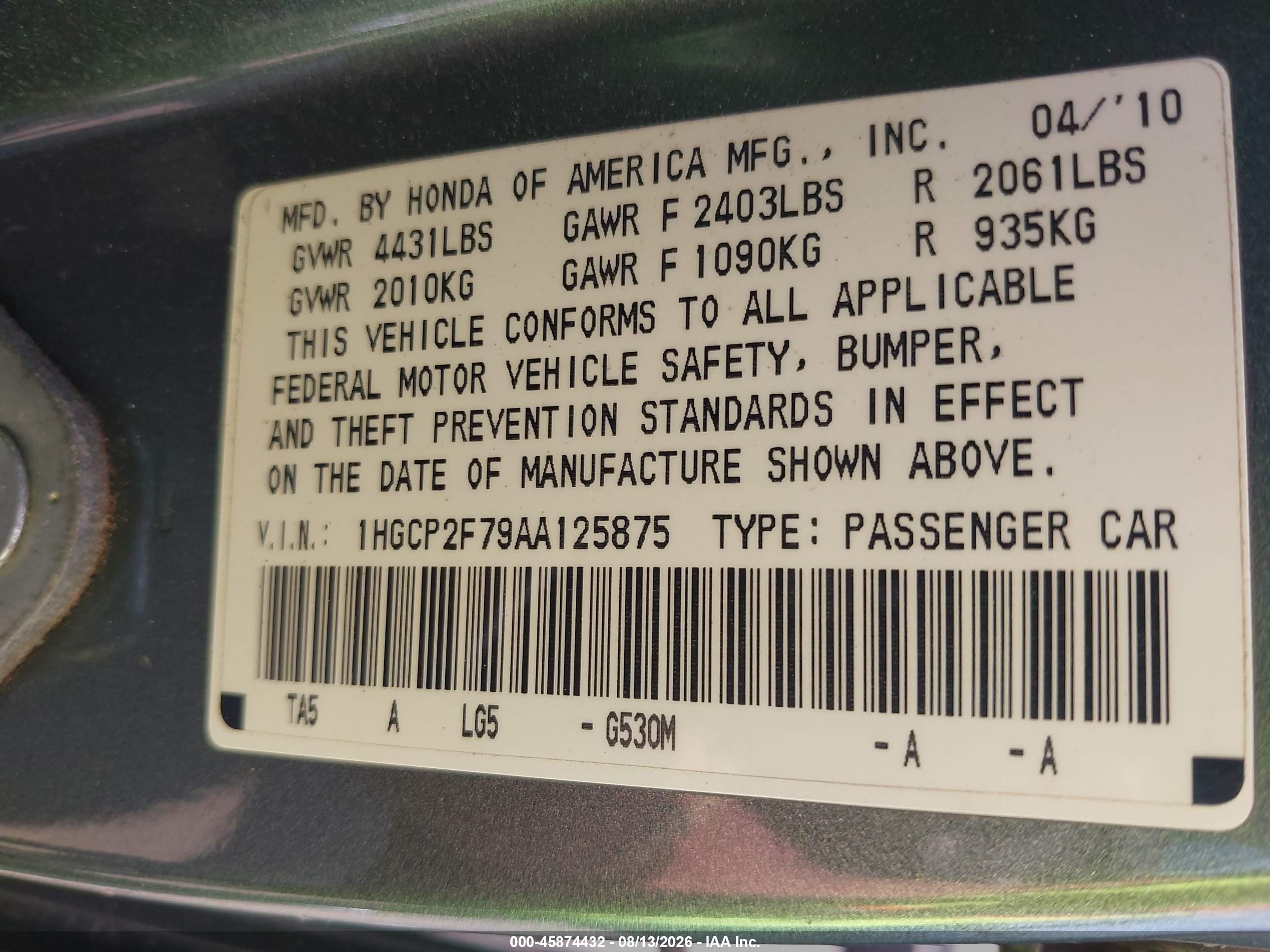 2010 Honda Accord 2.4 Ex Green vin: 1HGCP2F79AA125875