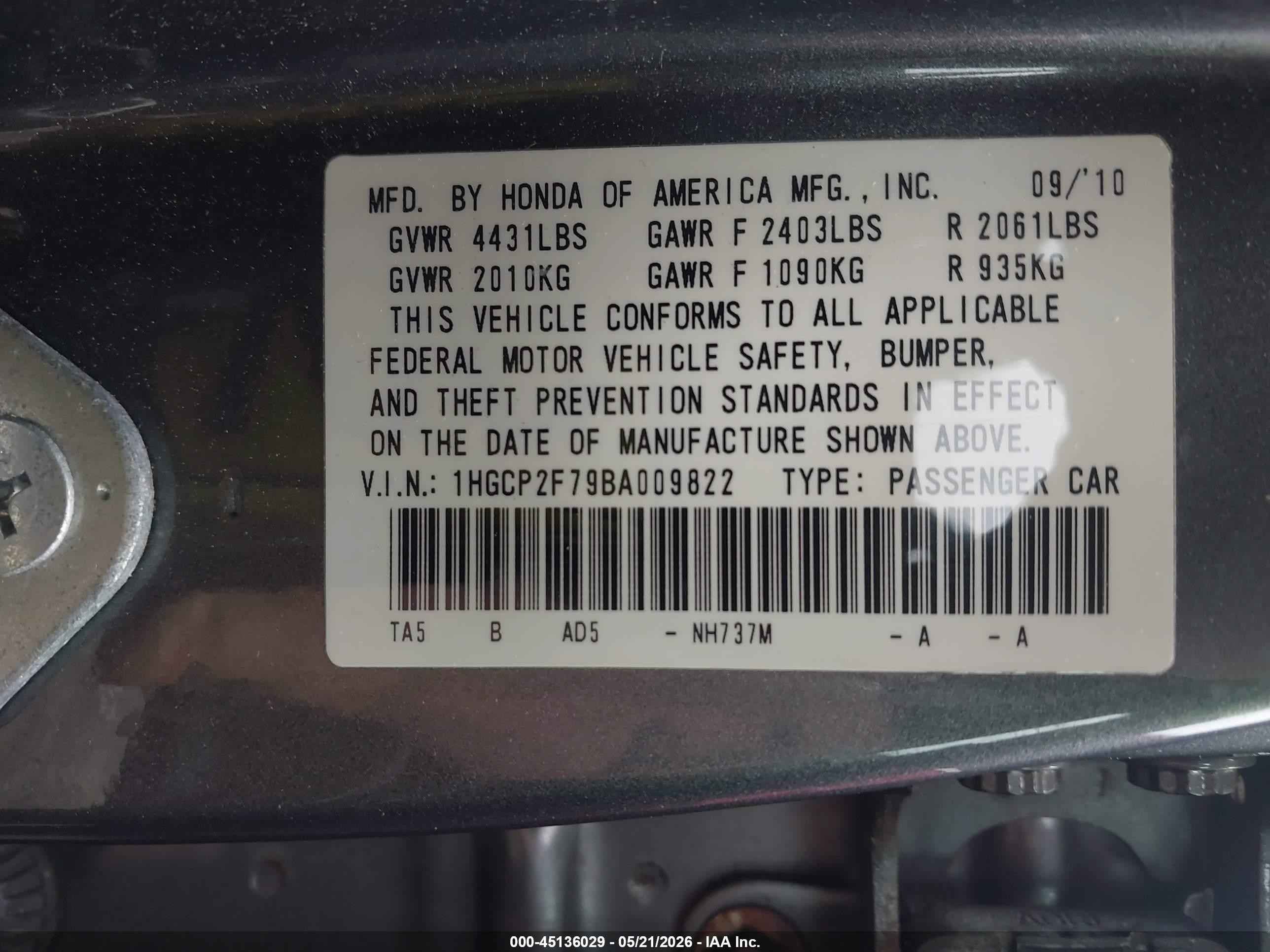 2011 Honda Accord 2.4 Ex Dark Blue vin: 1HGCP2F79BA009822