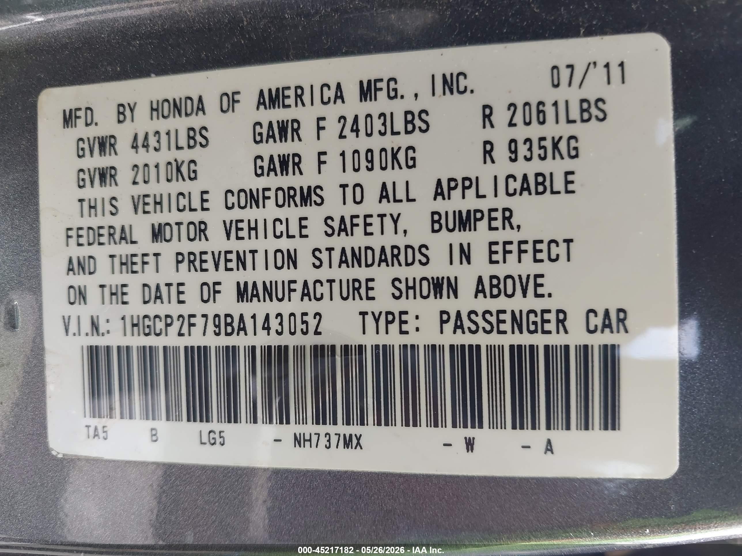 2011 Honda Accord 2.4 Ex Gray vin: 1HGCP2F79BA143052