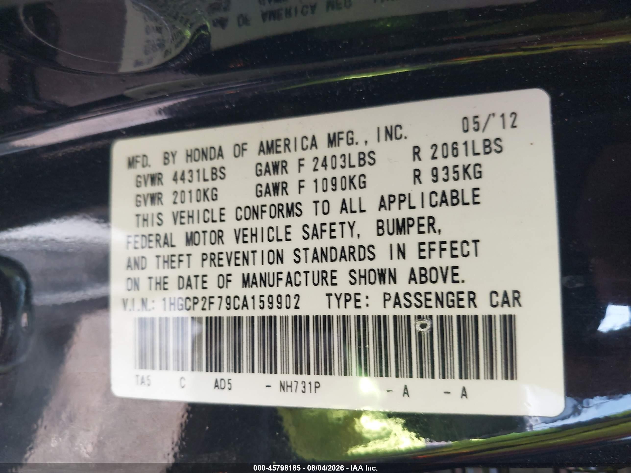 2012 Honda Accord 2.4 Ex Black vin: 1HGCP2F79CA159902