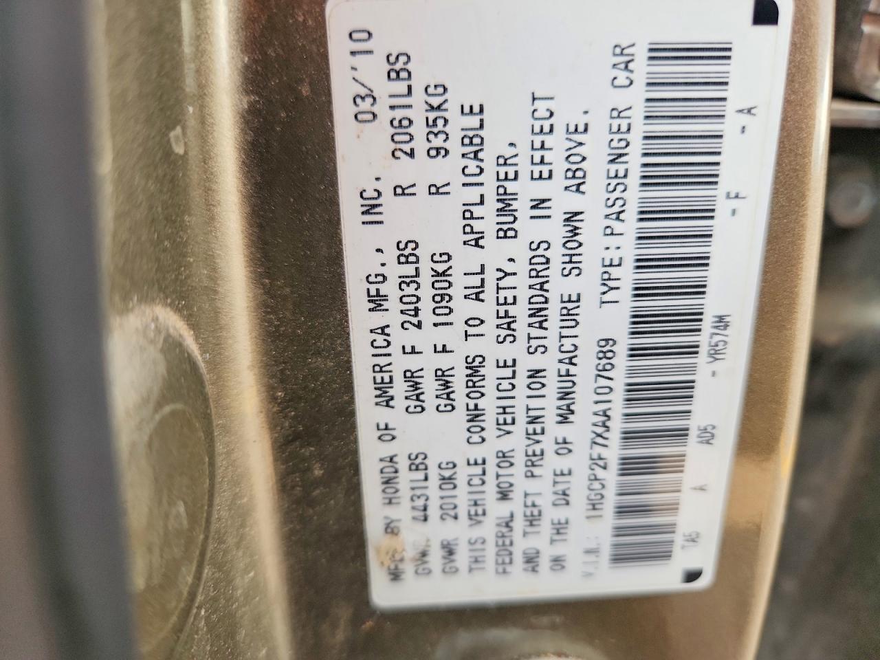 2010 Honda Accord Ex Gold vin: 1HGCP2F7XAA107689