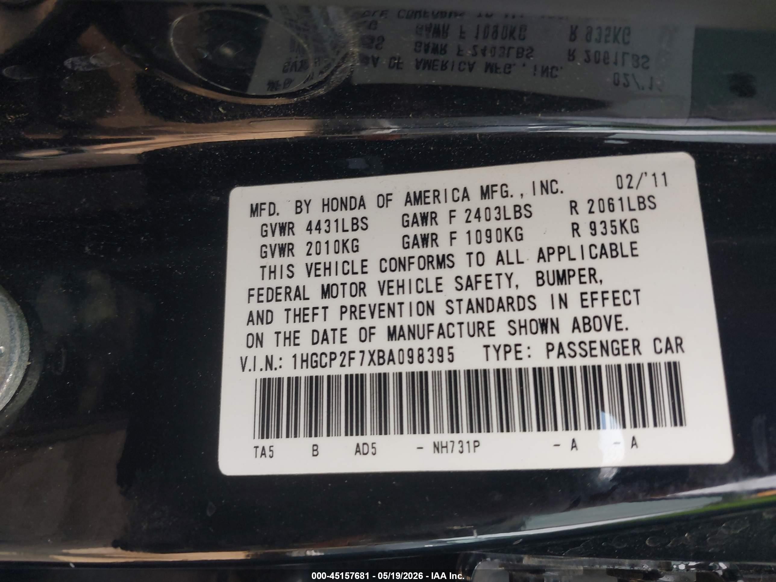 2011 Honda Accord 2.4 Ex Black vin: 1HGCP2F7XBA098395