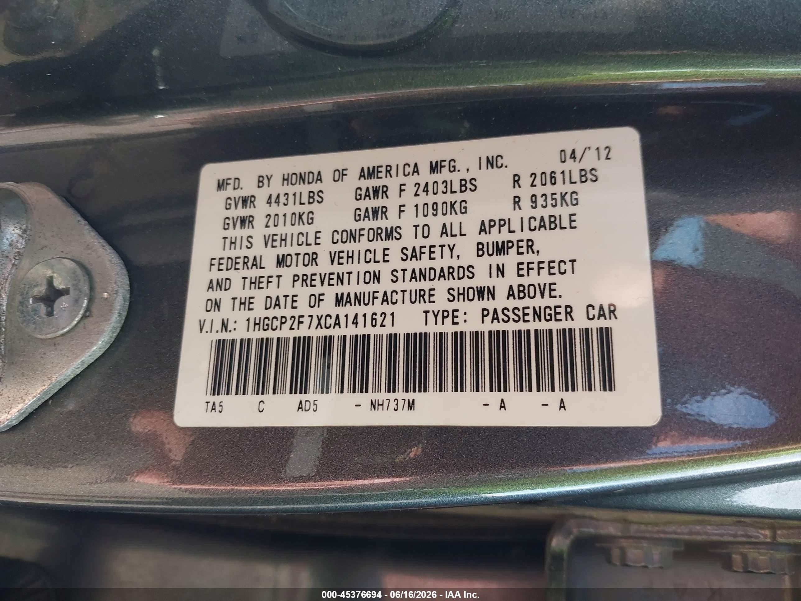 2012 Honda Accord 2.4 Ex Gray vin: 1HGCP2F7XCA141621