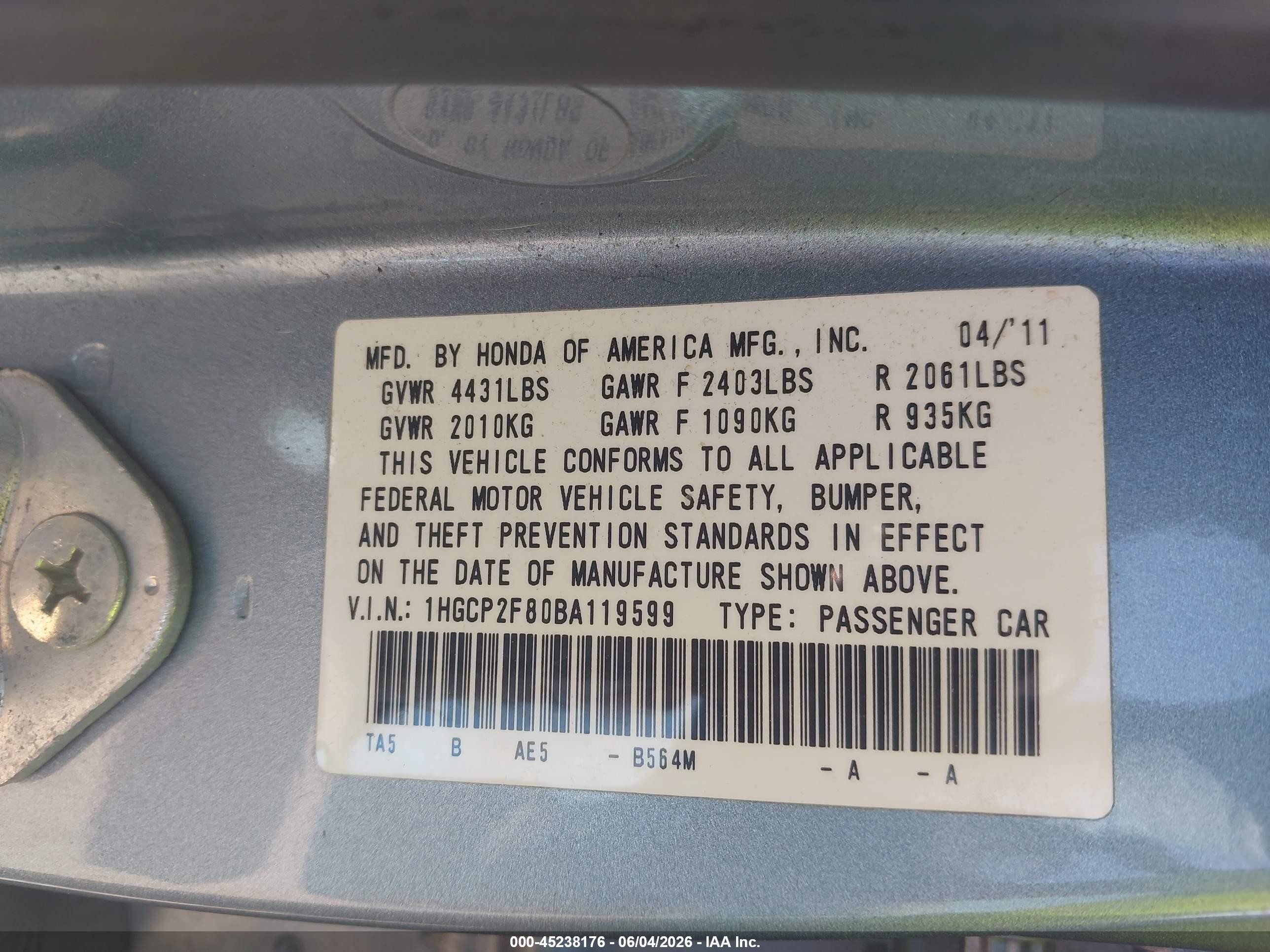 2011 Honda Accord 2.4 Ex-l Light Blue vin: 1HGCP2F80BA119599