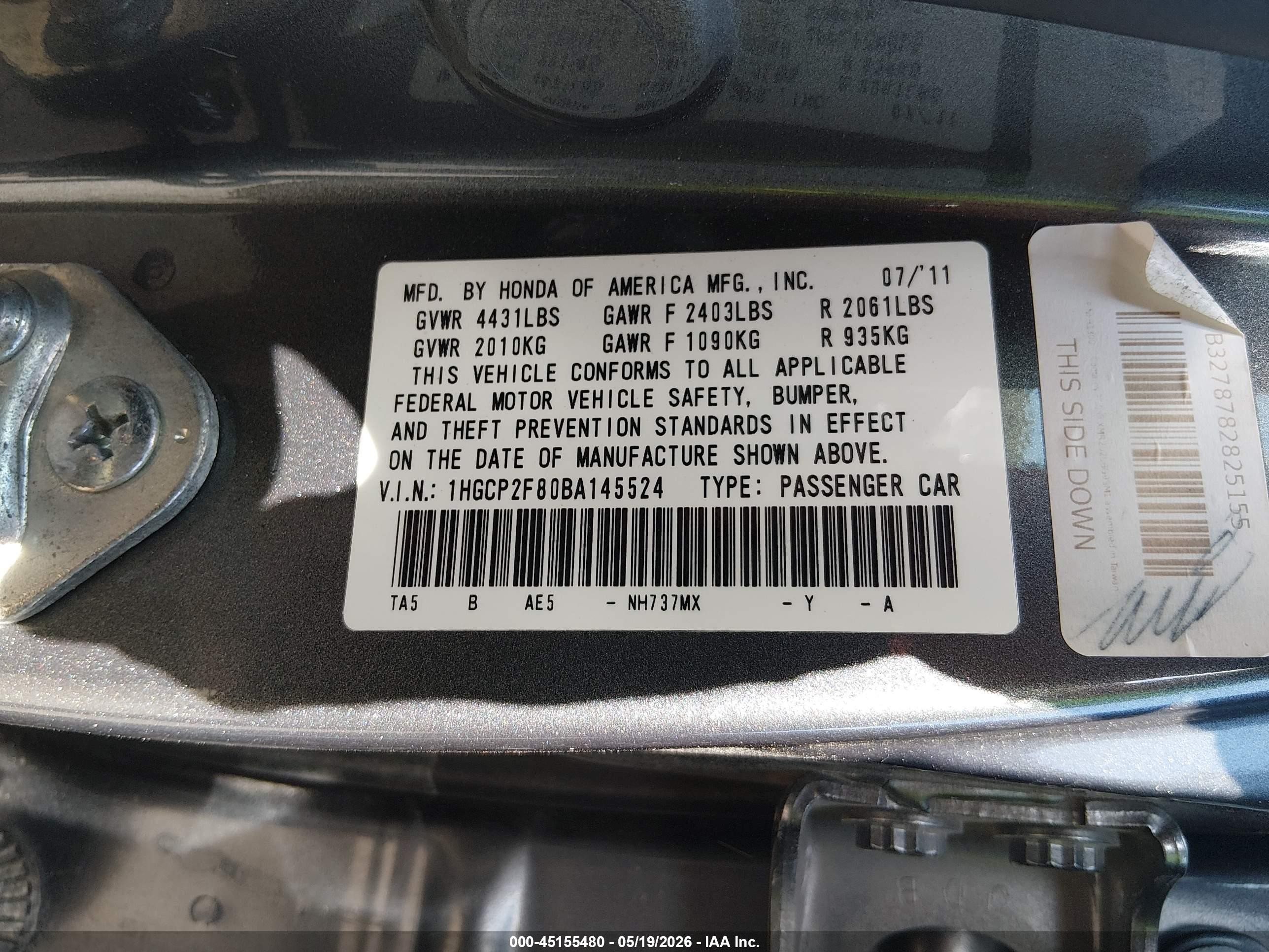 2011 Honda Accord 2.4 Ex-l Gray vin: 1HGCP2F80BA145524