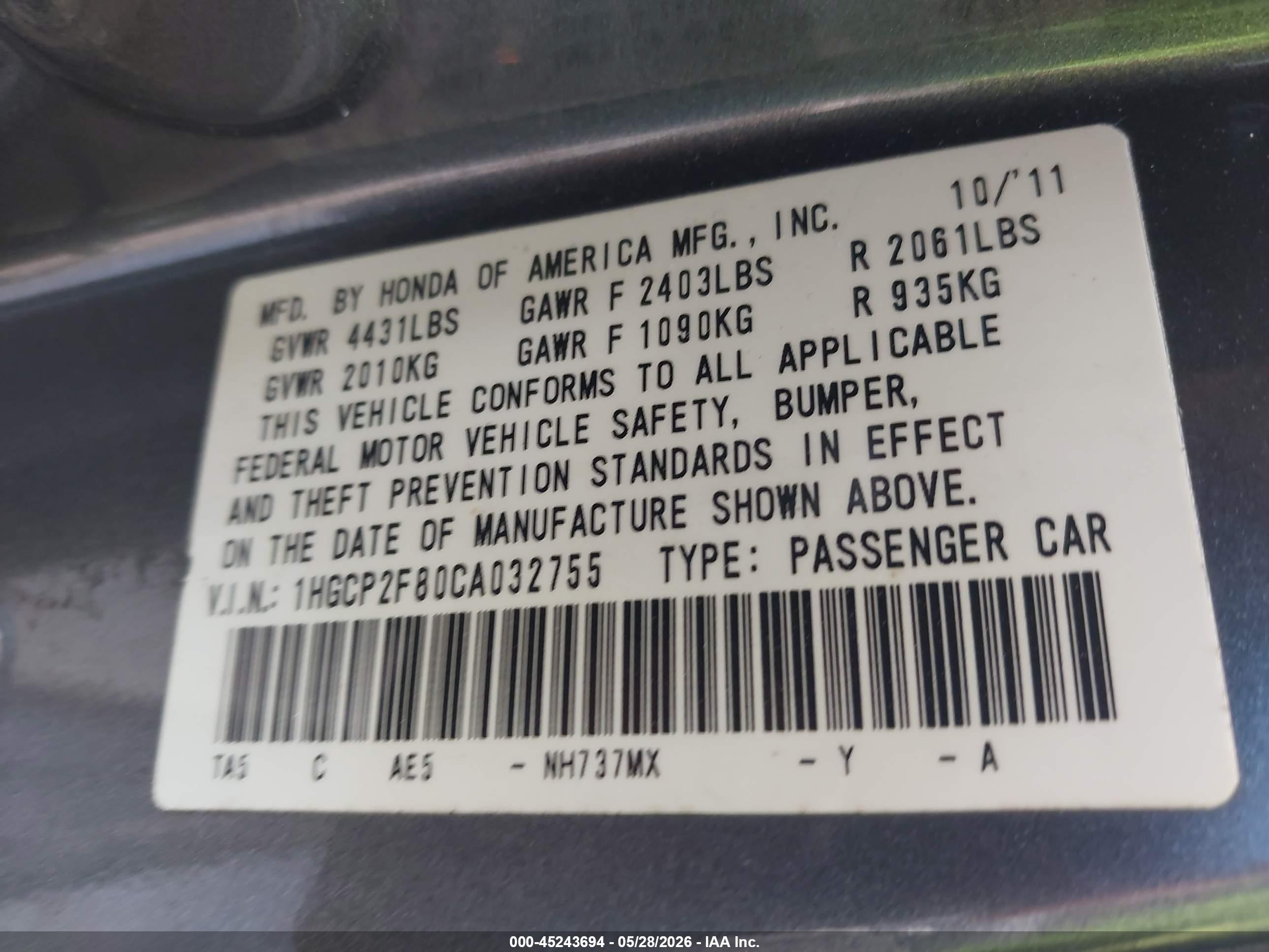 2012 Honda Accord 2.4 Ex-l Gray vin: 1HGCP2F80CA032755
