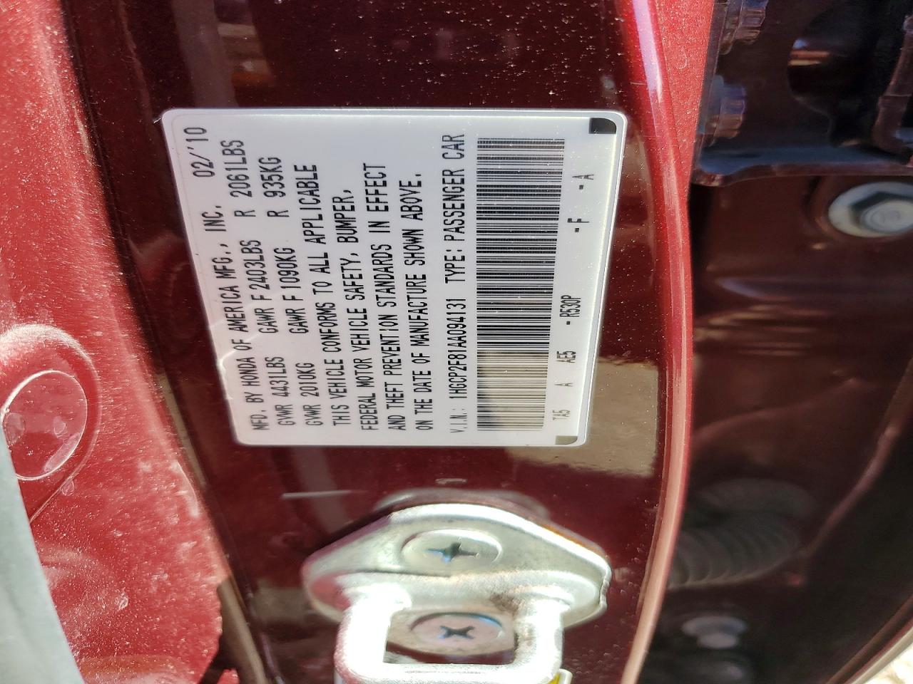 2010 Honda Accord Exl Burgundy vin: 1HGCP2F81AA094131