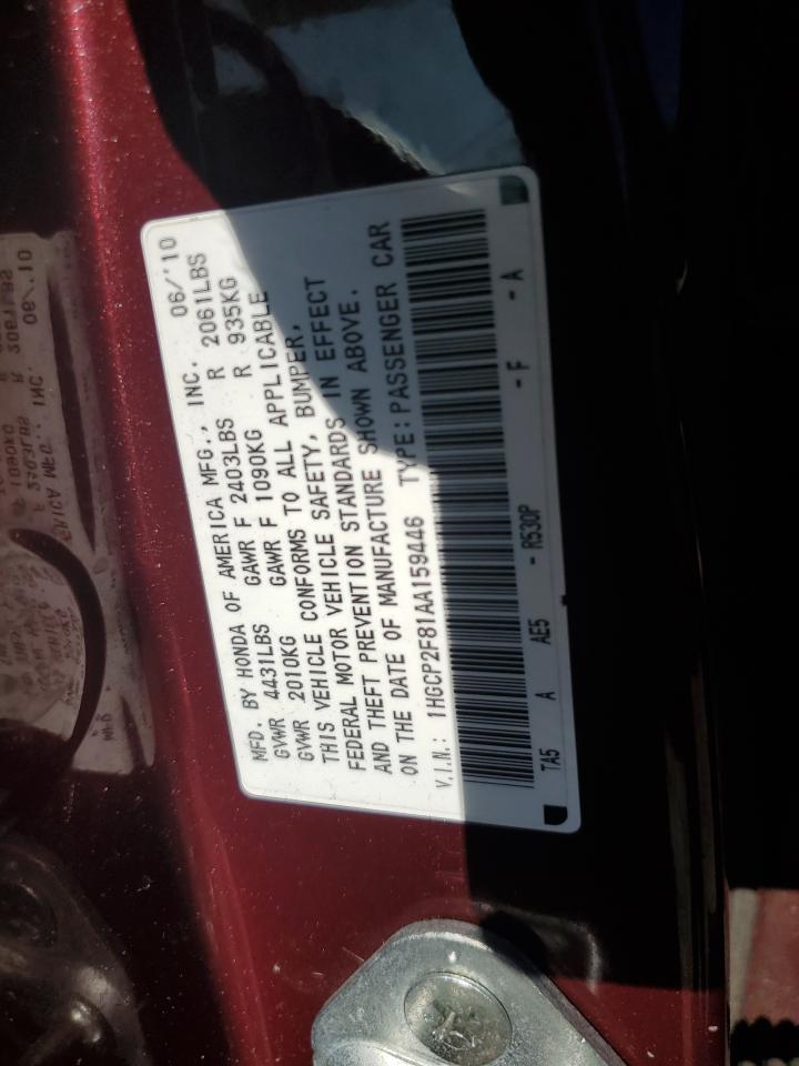 2010 Honda Accord Exl Maroon vin: 1HGCP2F81AA159446