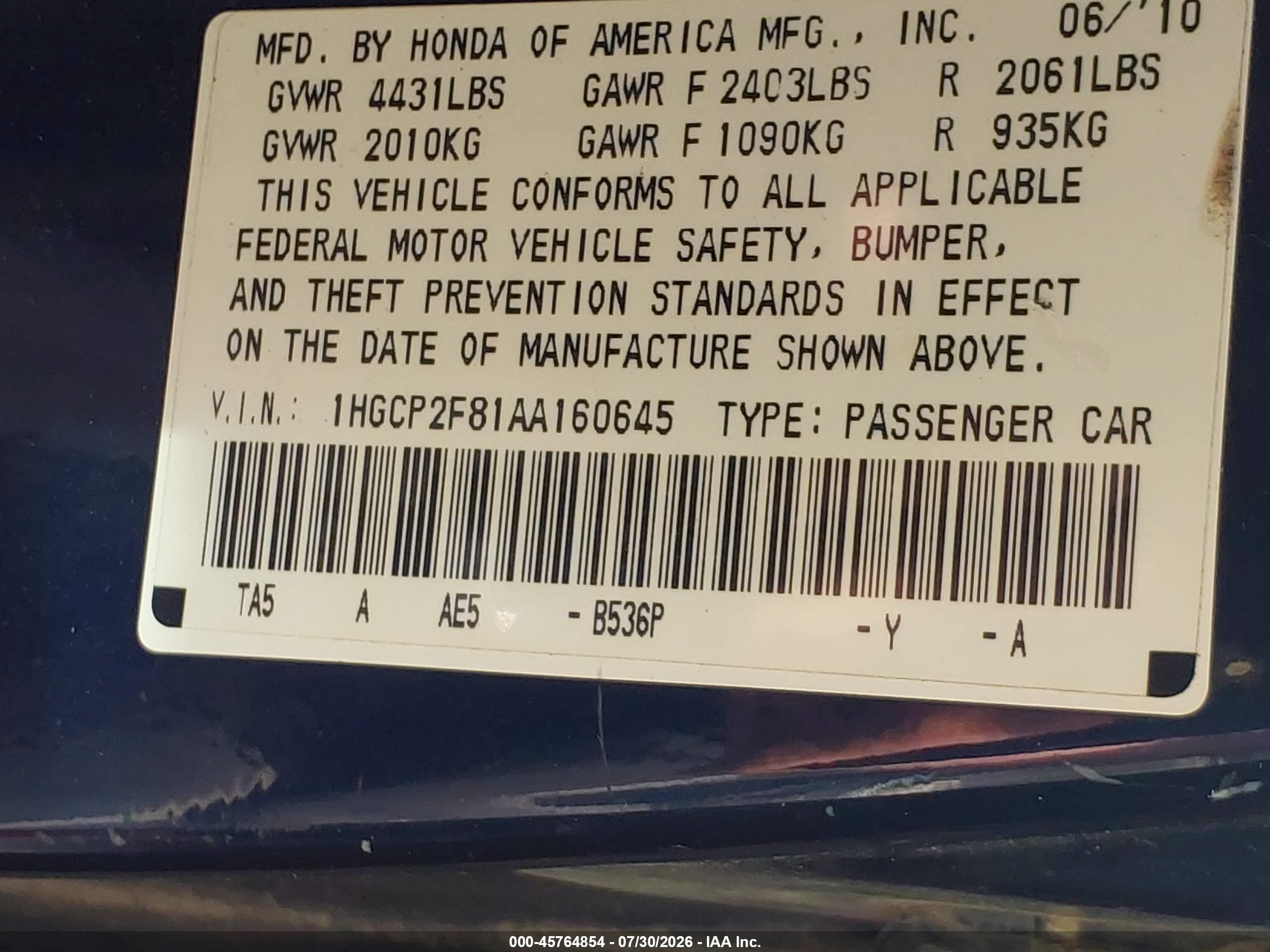 2010 Honda Accord 2.4 Ex-l Blue vin: 1HGCP2F81AA160645