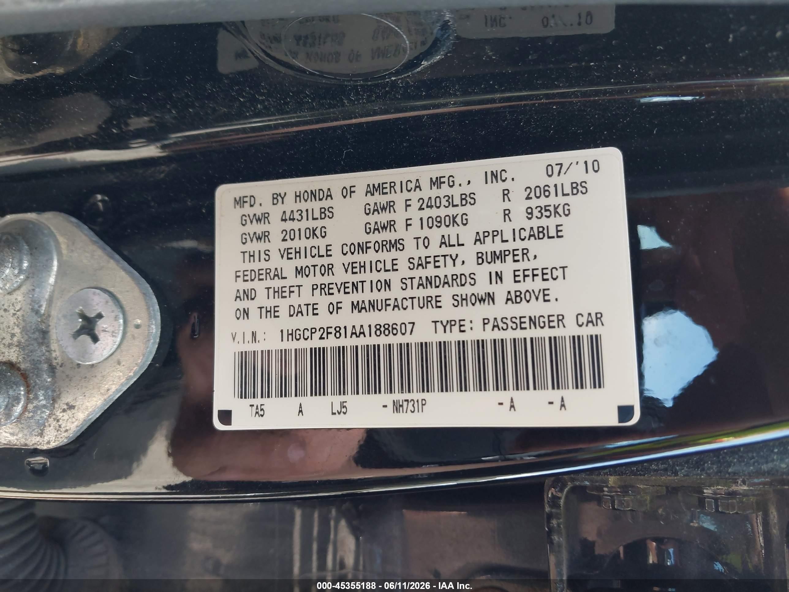 2010 Honda Accord 2.4 Ex-l Black vin: 1HGCP2F81AA188607