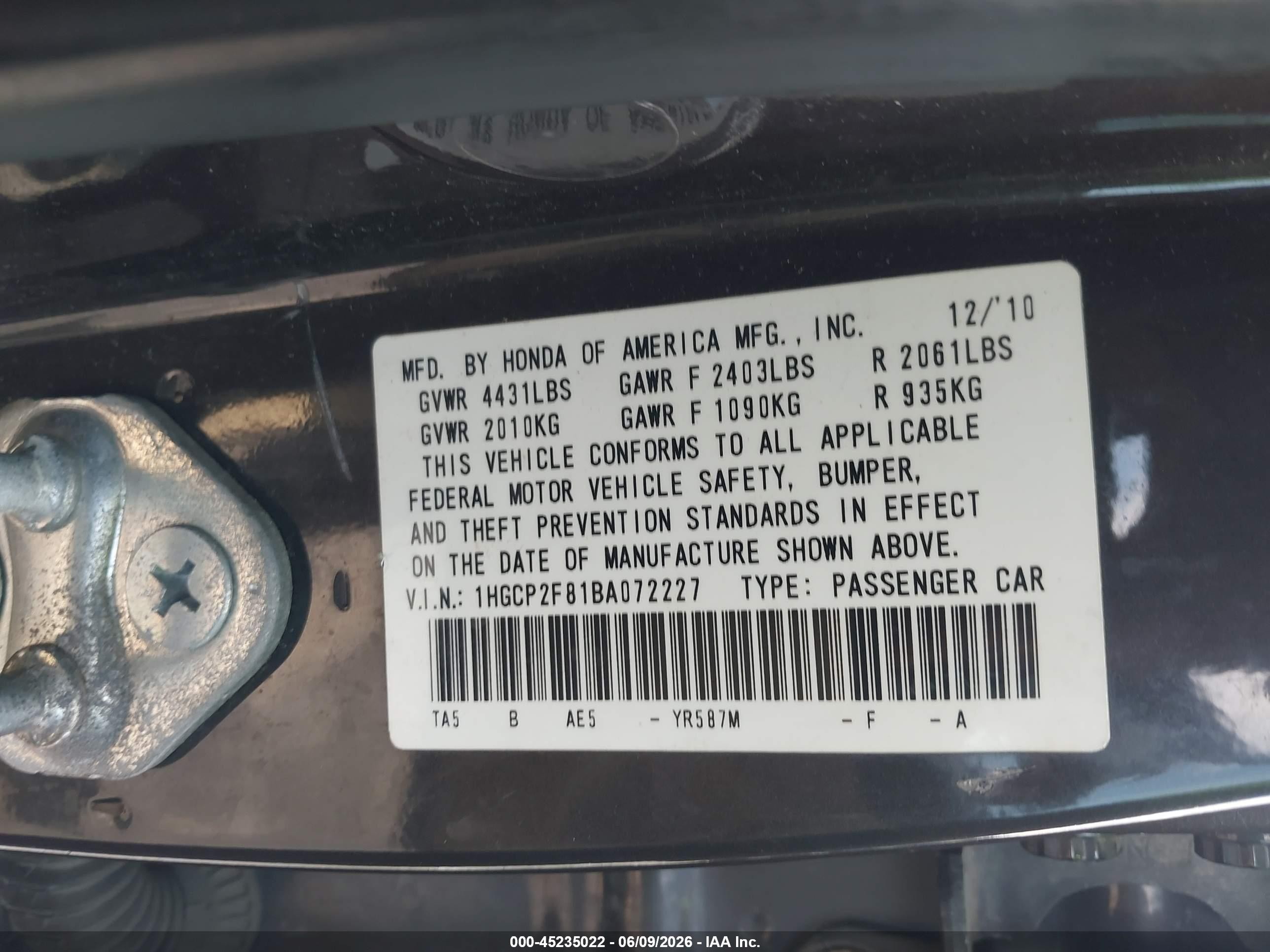 2011 Honda Accord 2.4 Ex-l Фиолетовый vin: 1HGCP2F81BA072227