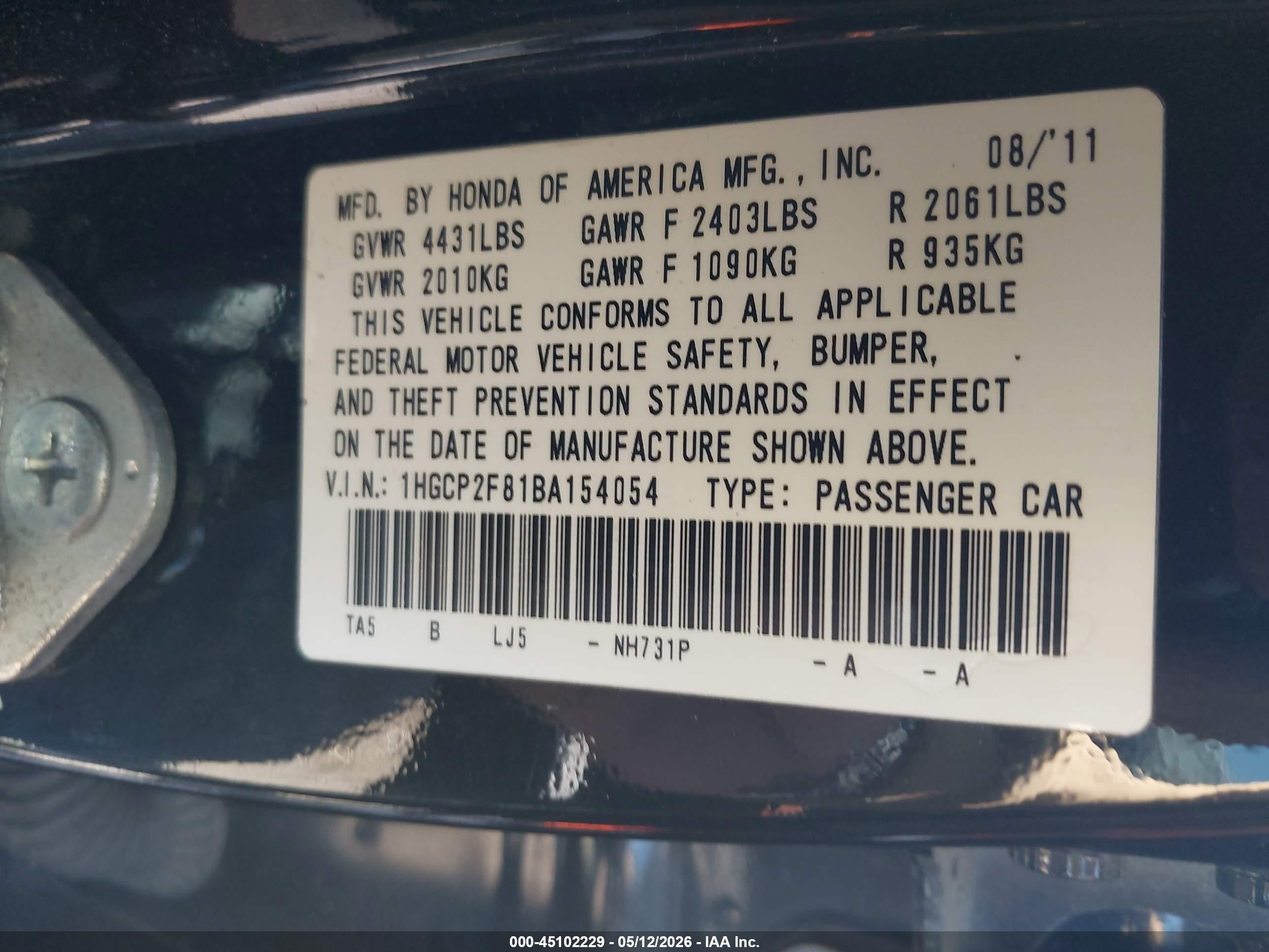 2011 Honda Accord 2.4 Ex-l Black vin: 1HGCP2F81BA154054