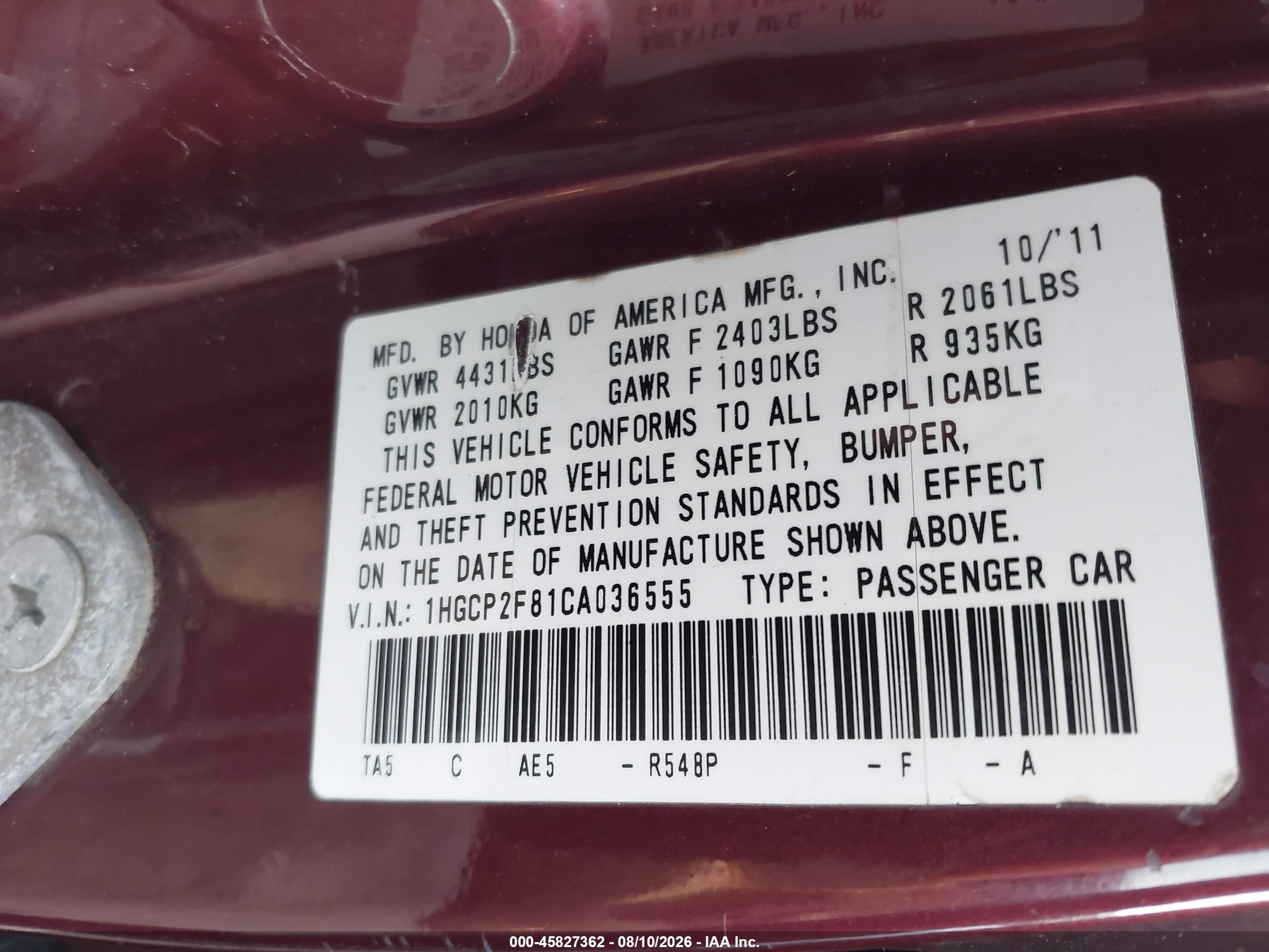 2012 Honda Accord 2.4 Ex-l Burgundy vin: 1HGCP2F81CA036555
