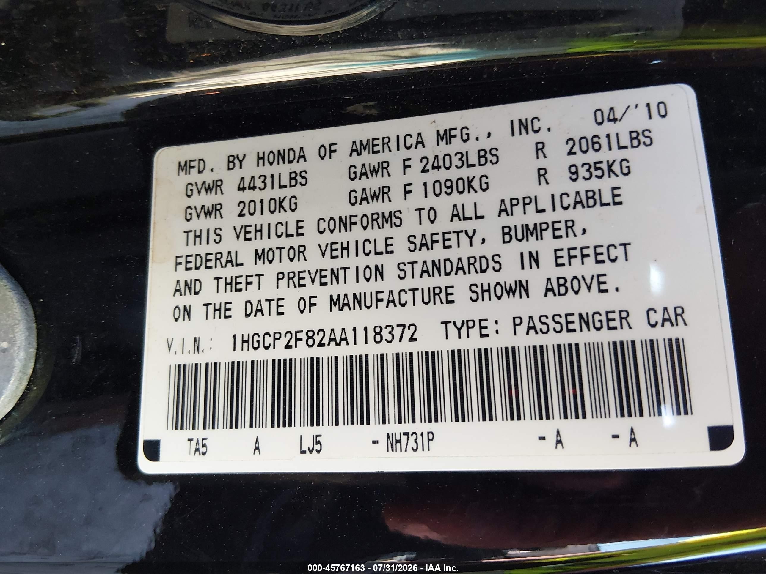 2010 Honda Accord 2.4 Ex-l Black vin: 1HGCP2F82AA118372