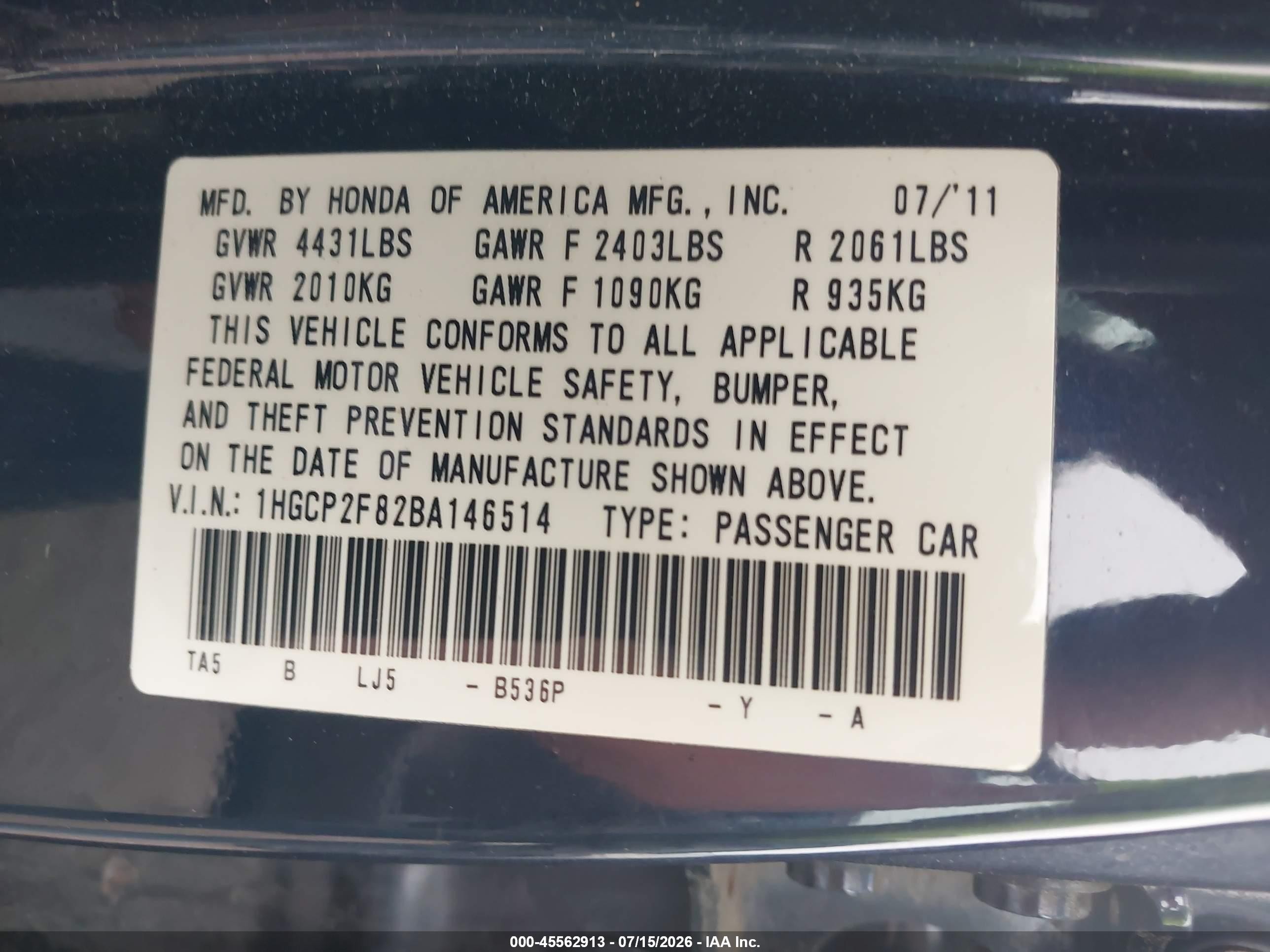 2011 Honda Accord 2.4 Ex-l Blue vin: 1HGCP2F82BA146514