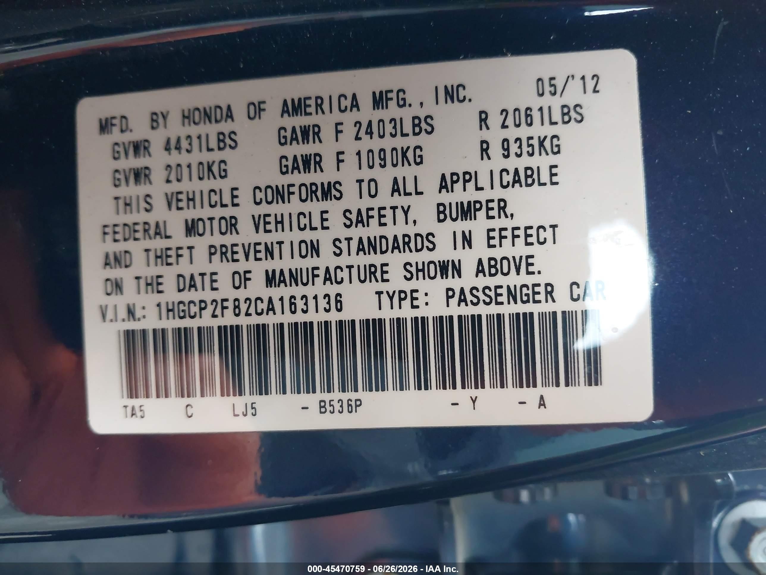 2012 Honda Accord 2.4 Ex-l Dark Blue vin: 1HGCP2F82CA163136