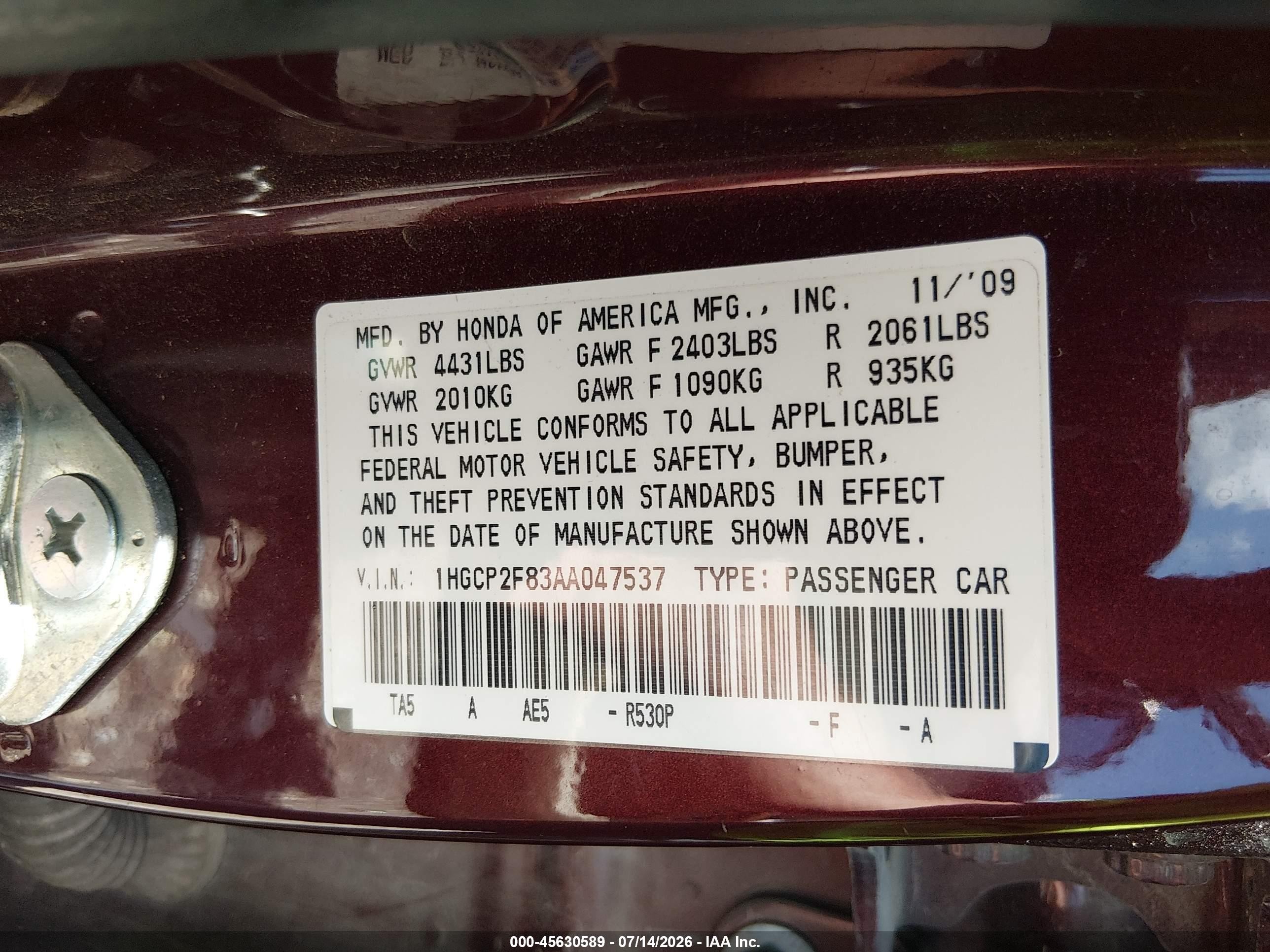 2010 Honda Accord 2.4 Ex-l Burgundy vin: 1HGCP2F83AA047537