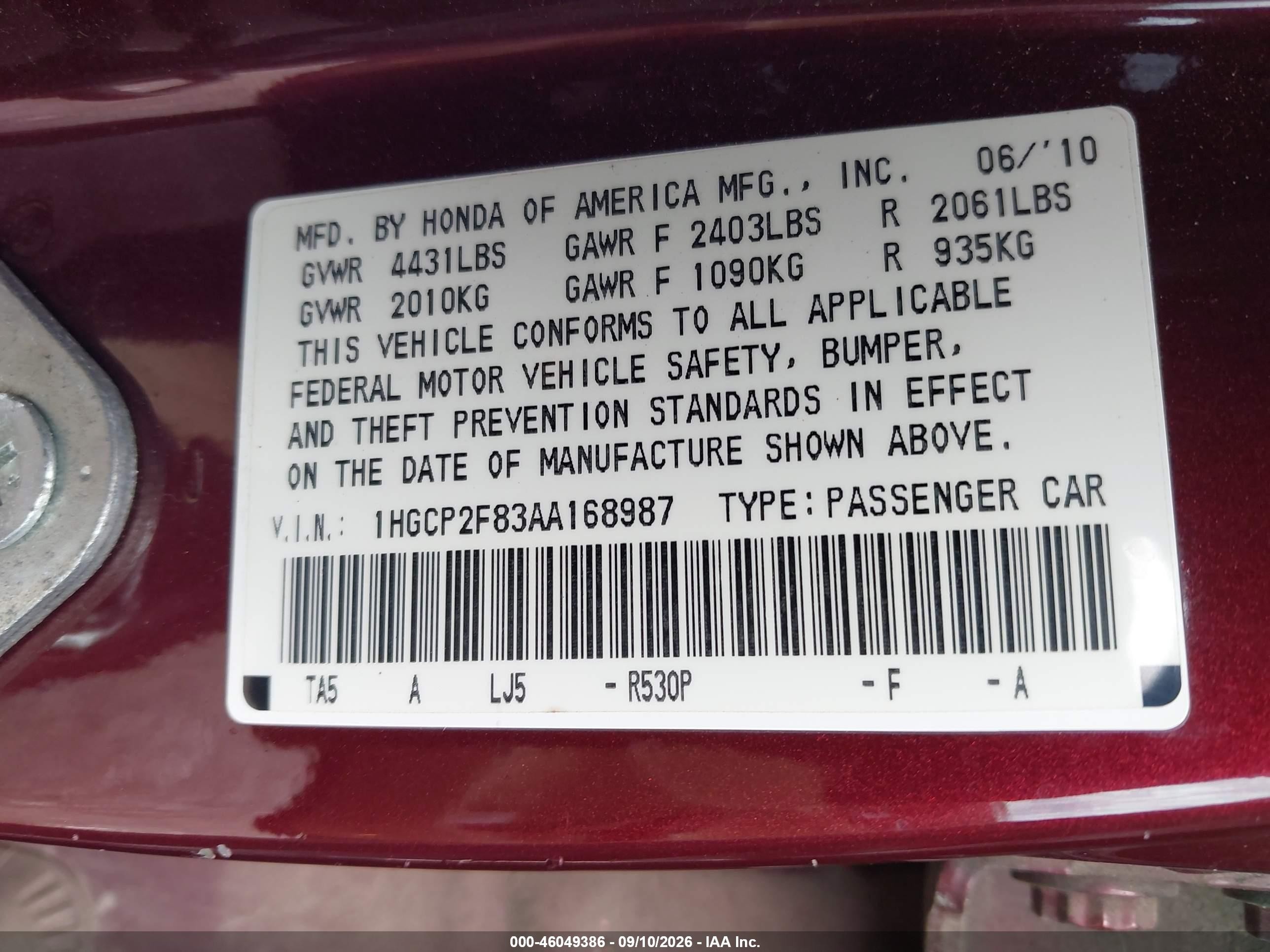 2010 Honda Accord 2.4 Ex-l Maroon vin: 1HGCP2F83AA168987