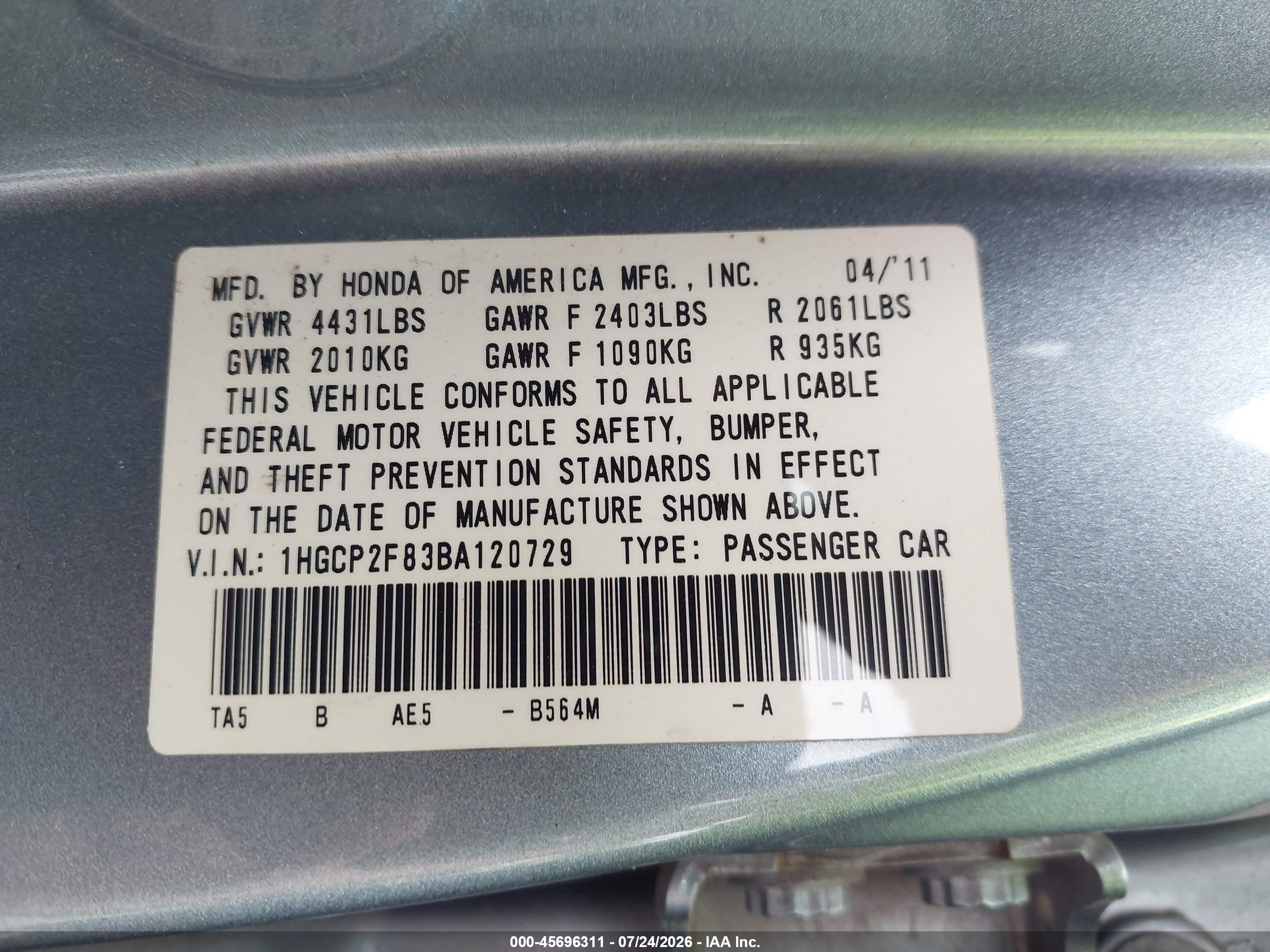 2011 Honda Accord 2.4 Ex-l Blue vin: 1HGCP2F83BA120729