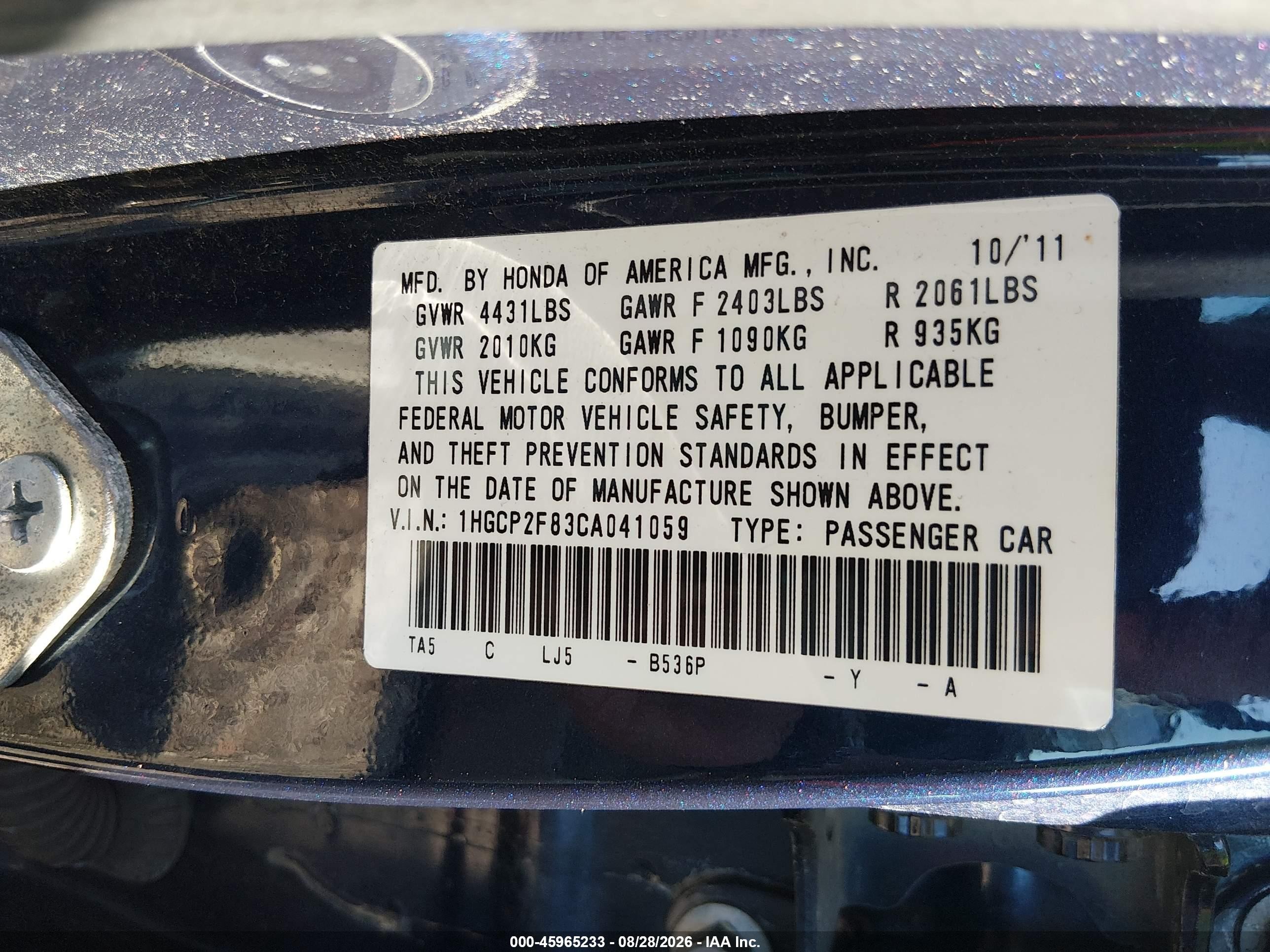 2012 Honda Accord 2.4 Ex-l Blue vin: 1HGCP2F83CA041059