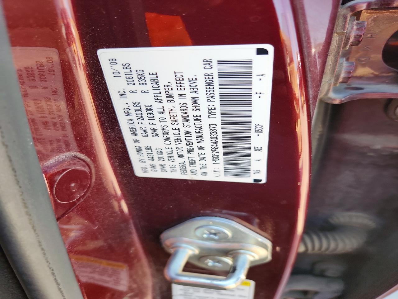2010 Honda Accord Exl Burgundy vin: 1HGCP2F84AA033873
