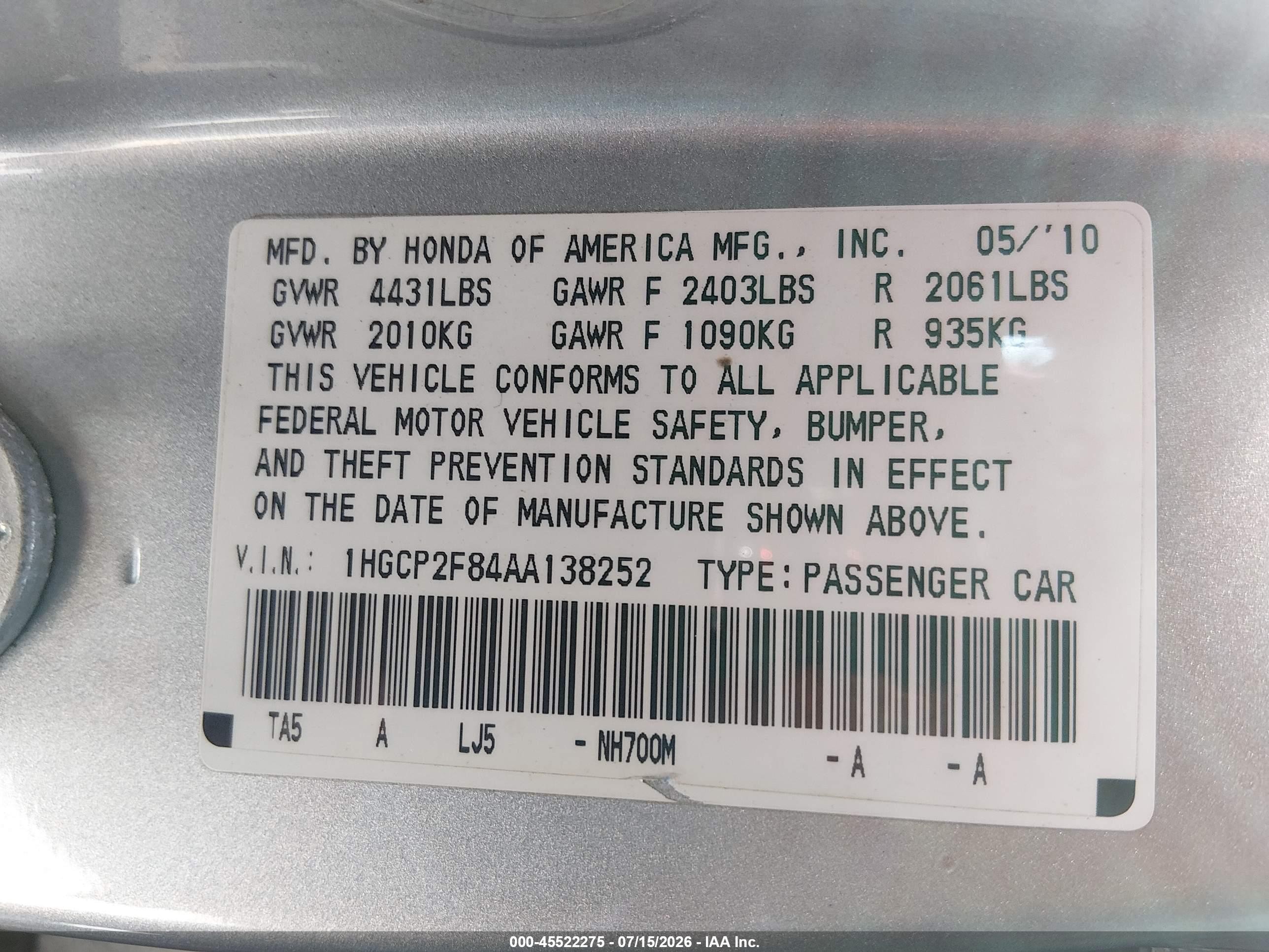 2010 Honda Accord 2.4 Ex-l Silver vin: 1HGCP2F84AA138252