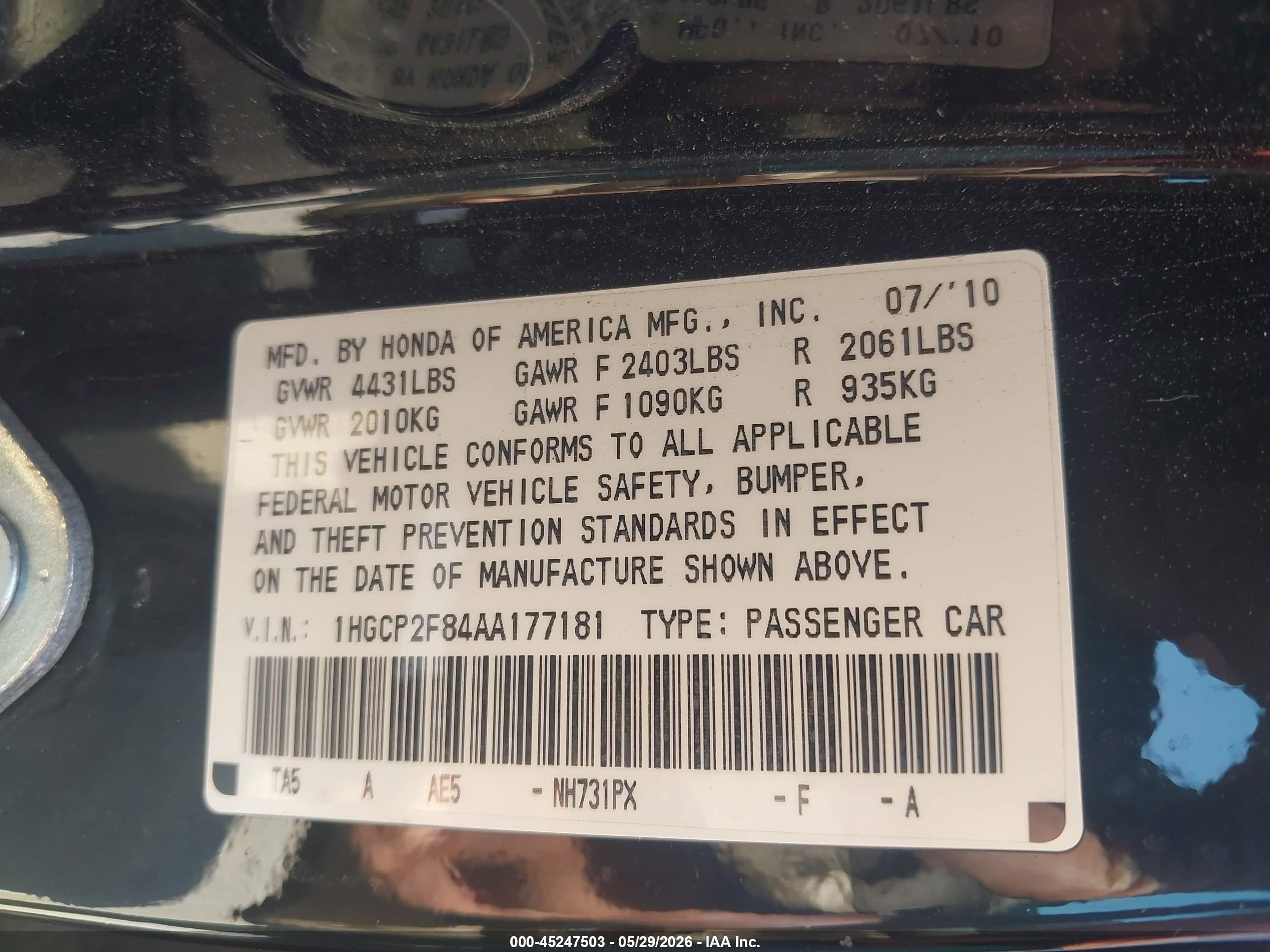 2010 Honda Accord 2.4 Ex-l Black vin: 1HGCP2F84AA177181