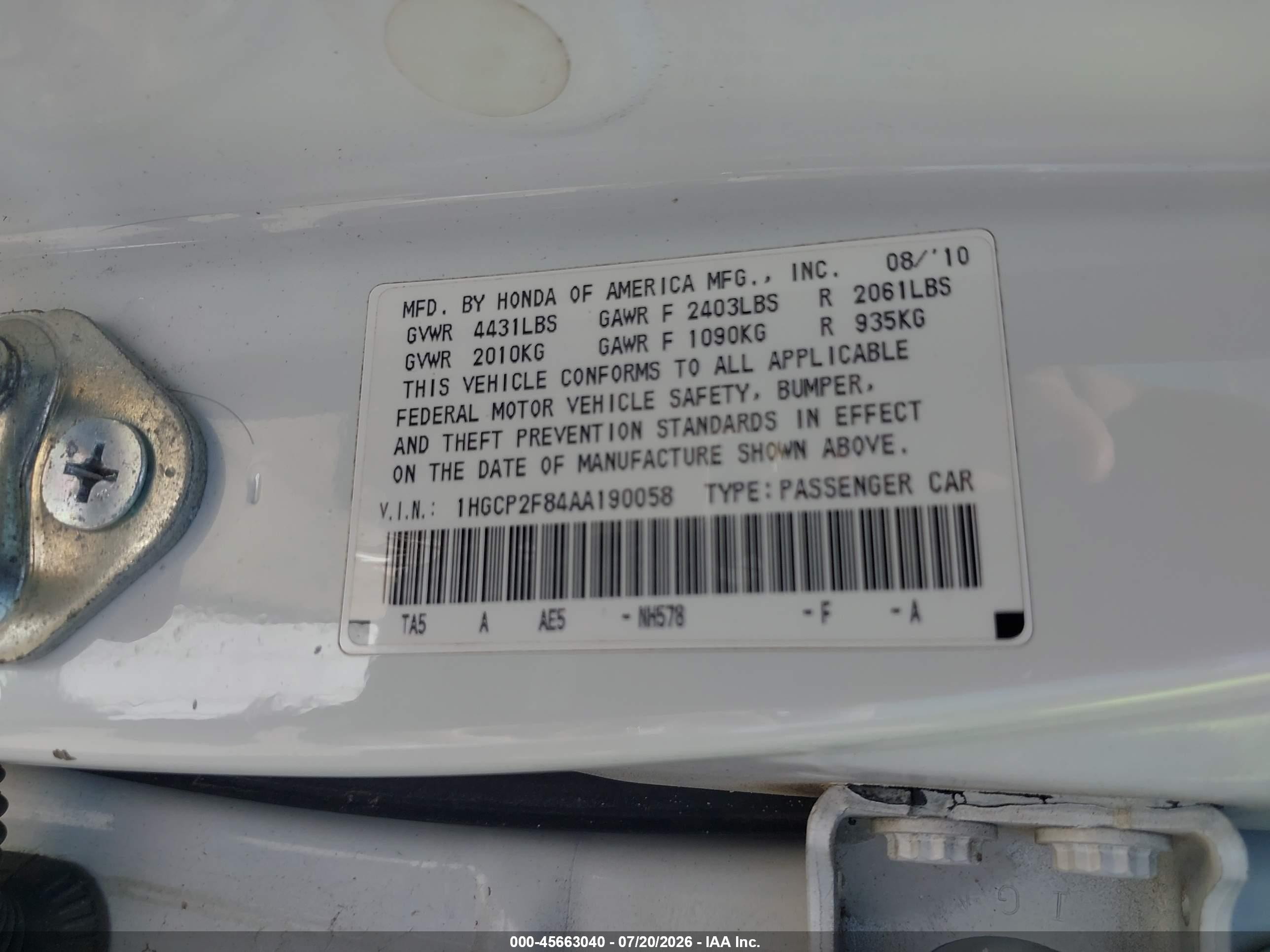 2010 Honda Accord 2.4 Ex-l White vin: 1HGCP2F84AA190058
