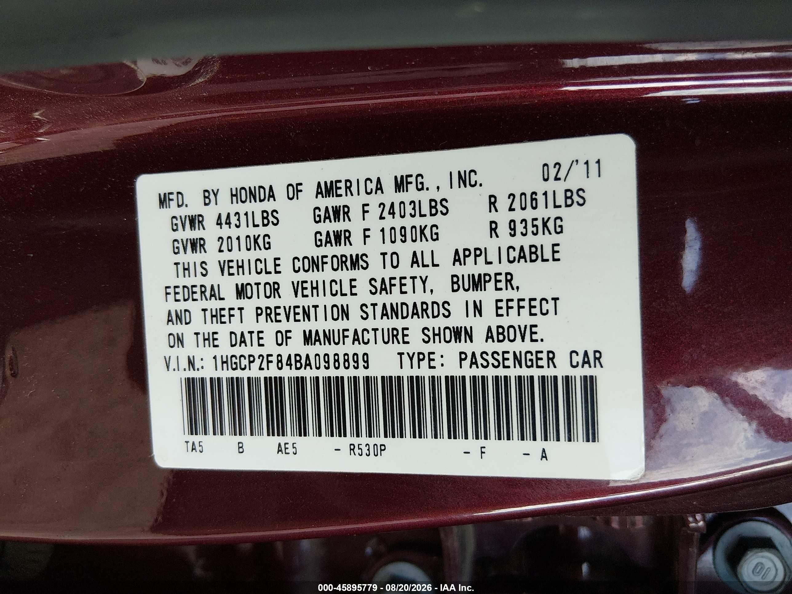2011 Honda Accord 2.4 Ex-l Burgundy vin: 1HGCP2F84BA098899