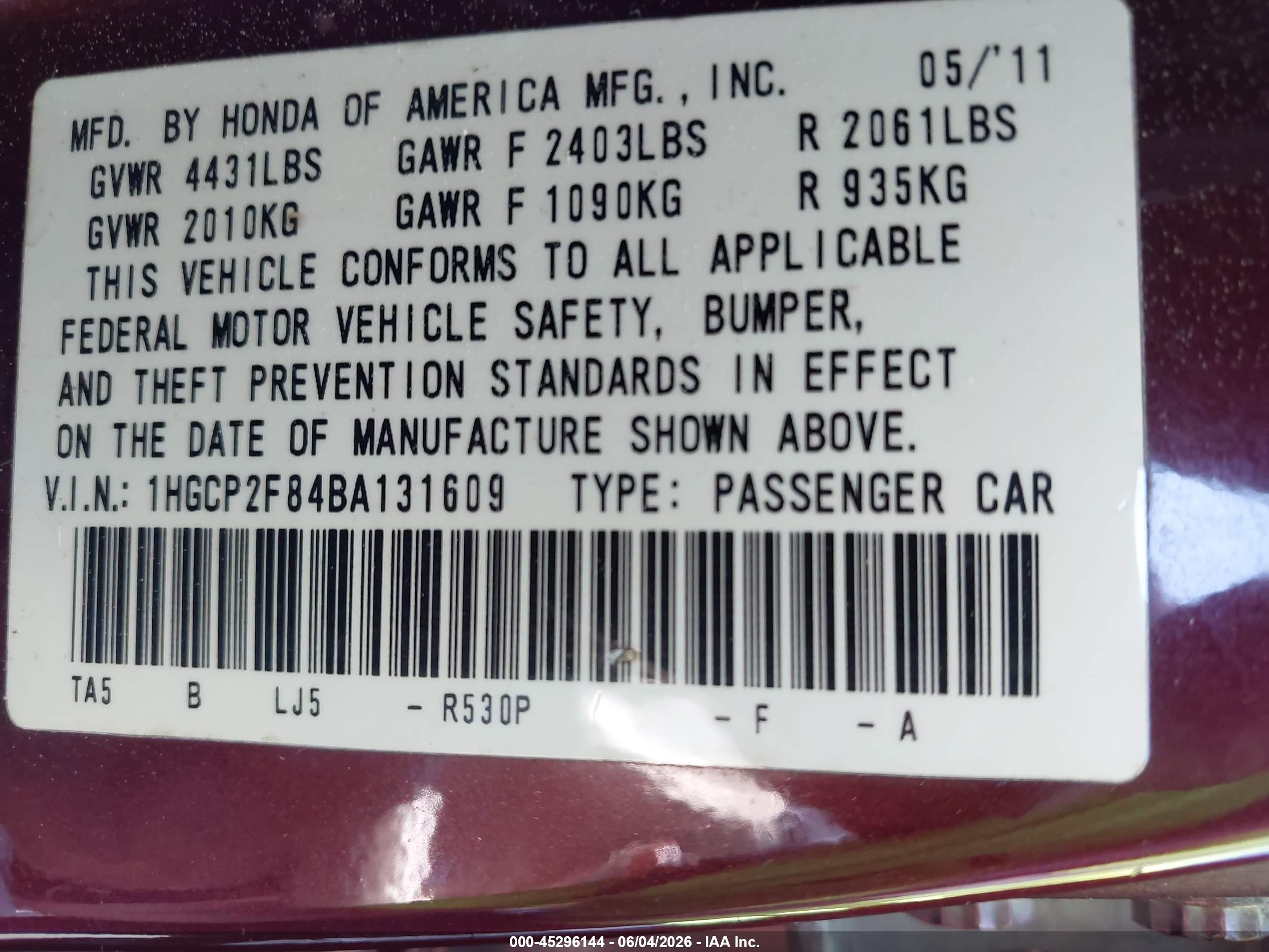 2011 Honda Accord 2.4 Ex-l Burgundy vin: 1HGCP2F84BA131609