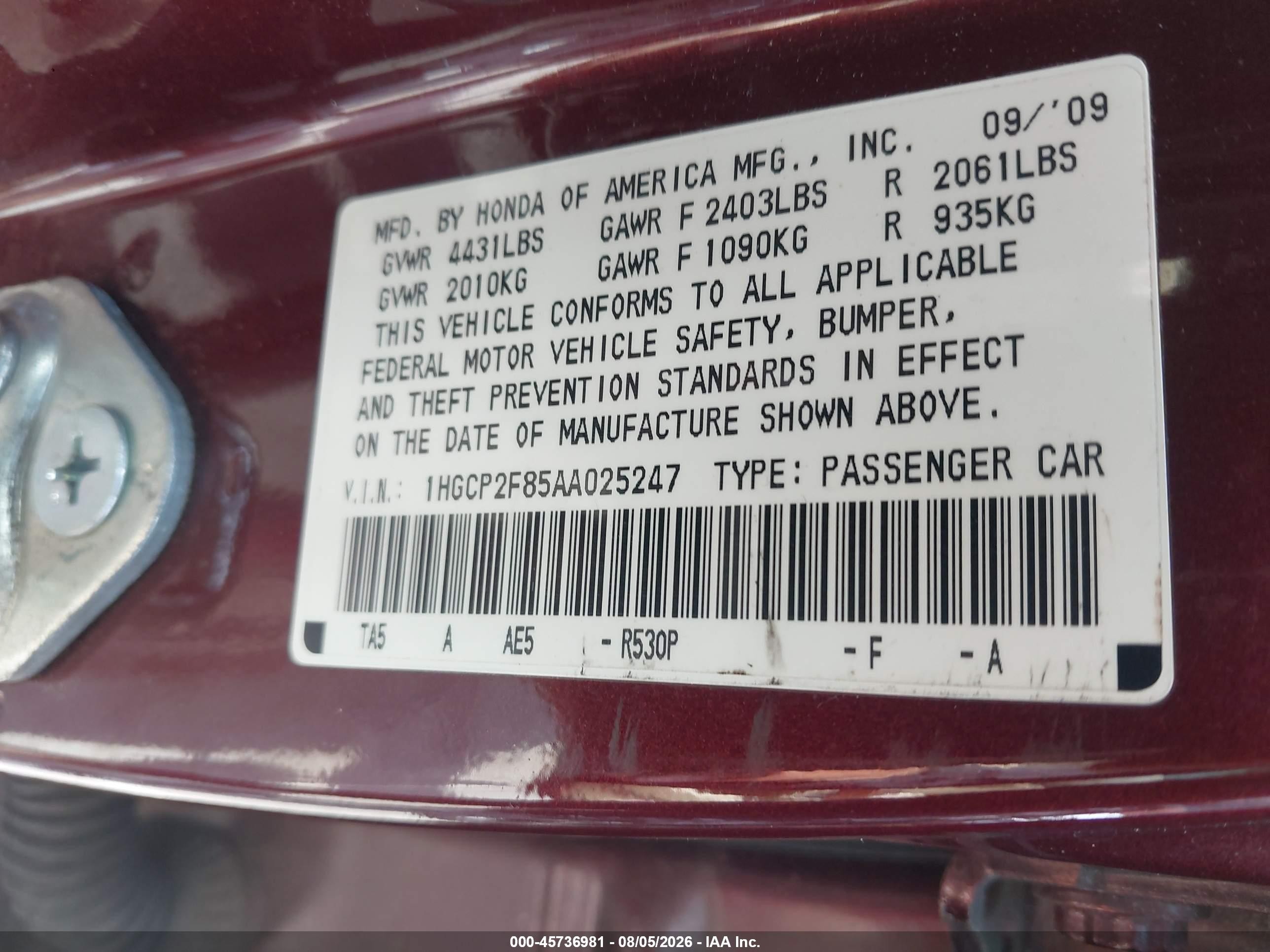 2010 Honda Accord 2.4 Ex-l Бордовый vin: 1HGCP2F85AA025247