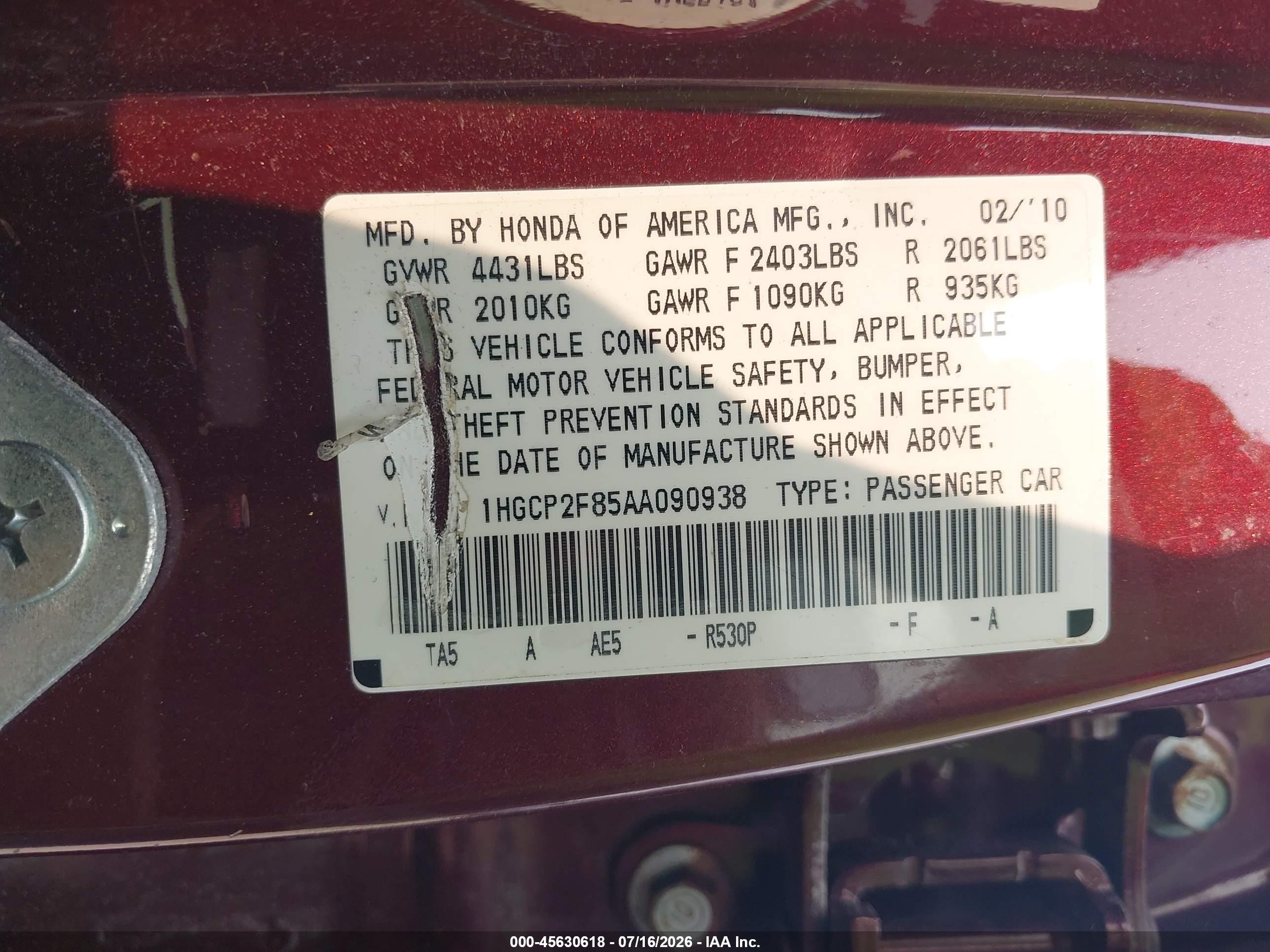 2010 Honda Accord 2.4 Ex-l Maroon vin: 1HGCP2F85AA090938