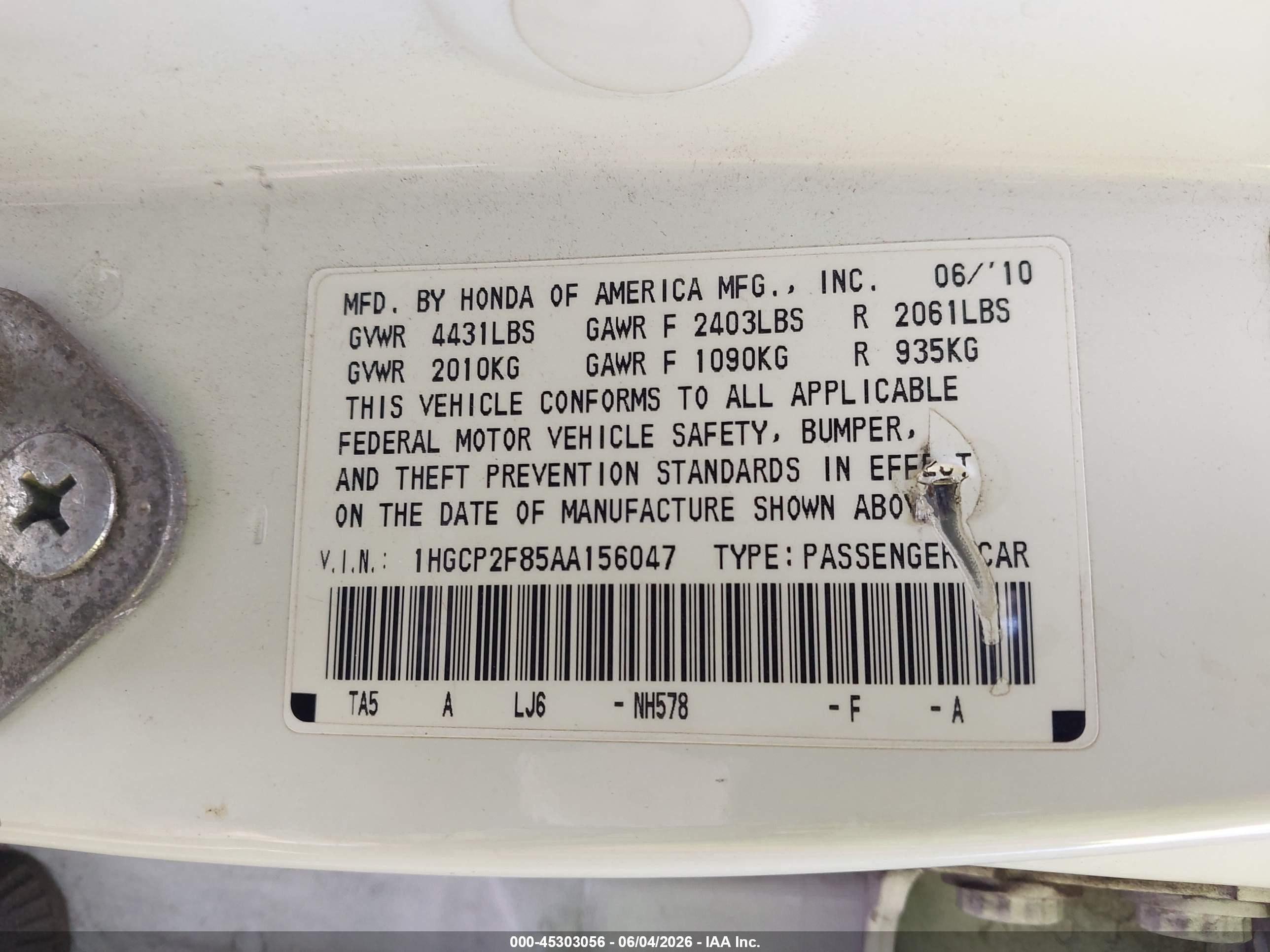 2010 Honda Accord 2.4 Ex-l White vin: 1HGCP2F85AA156047