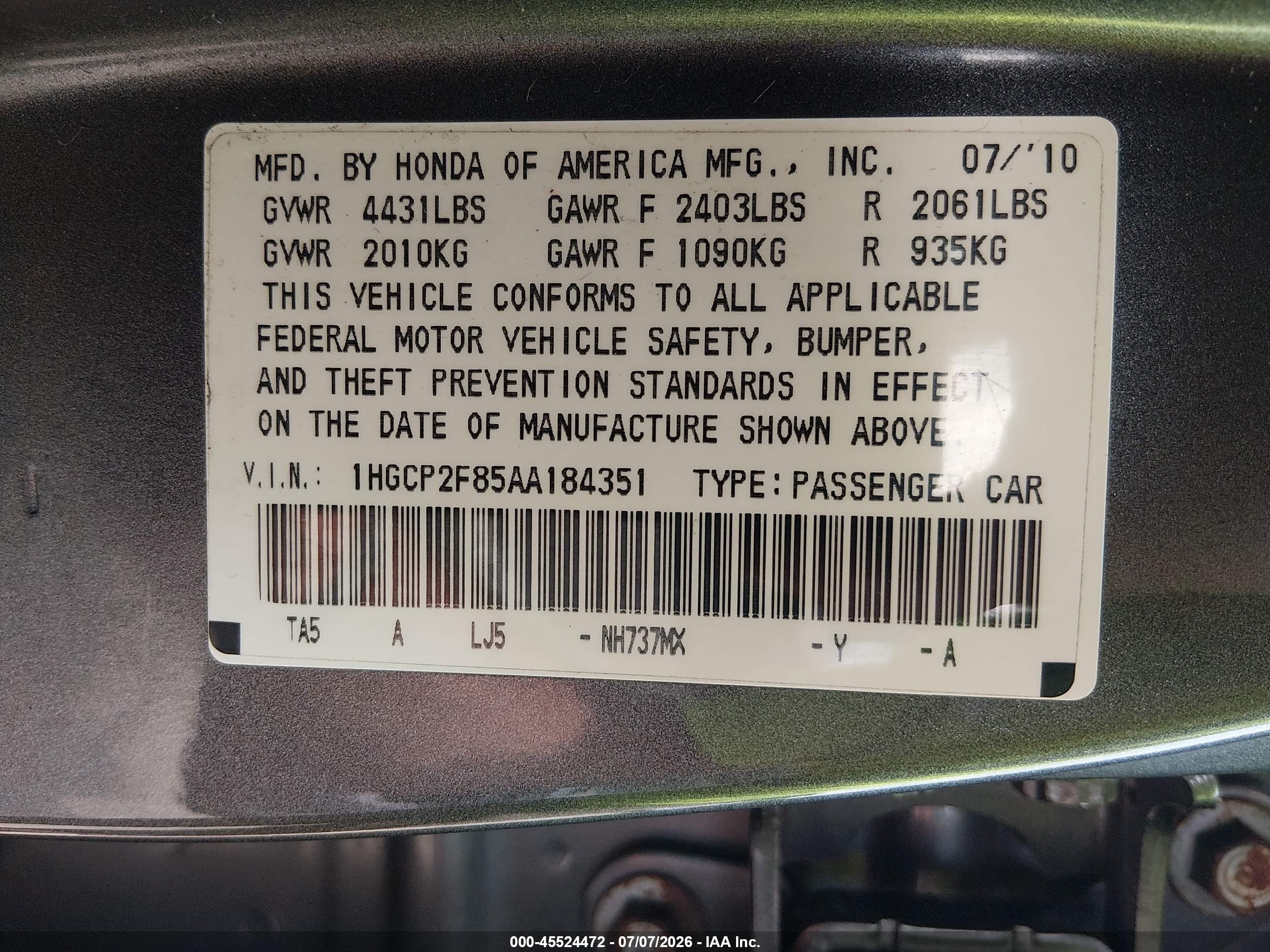 2010 Honda Accord 2.4 Ex-l Серый vin: 1HGCP2F85AA184351
