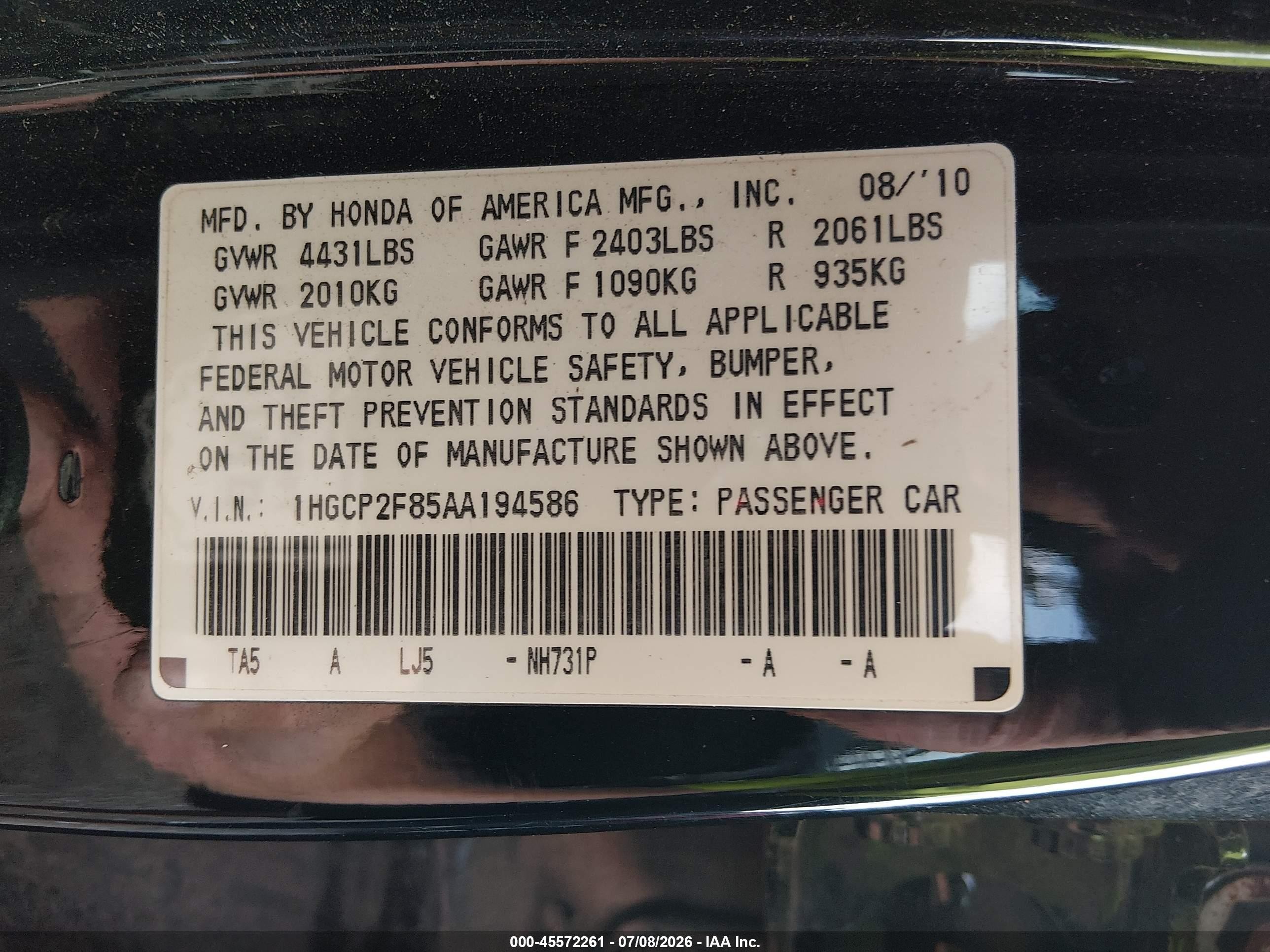 2010 Honda Accord 2.4 Ex-l Black vin: 1HGCP2F85AA194586