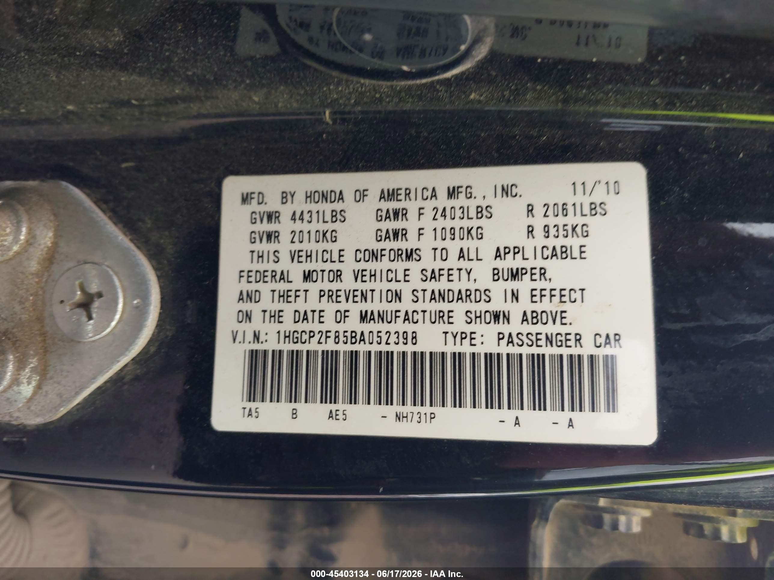 2011 Honda Accord 2.4 Ex-l Black vin: 1HGCP2F85BA052398