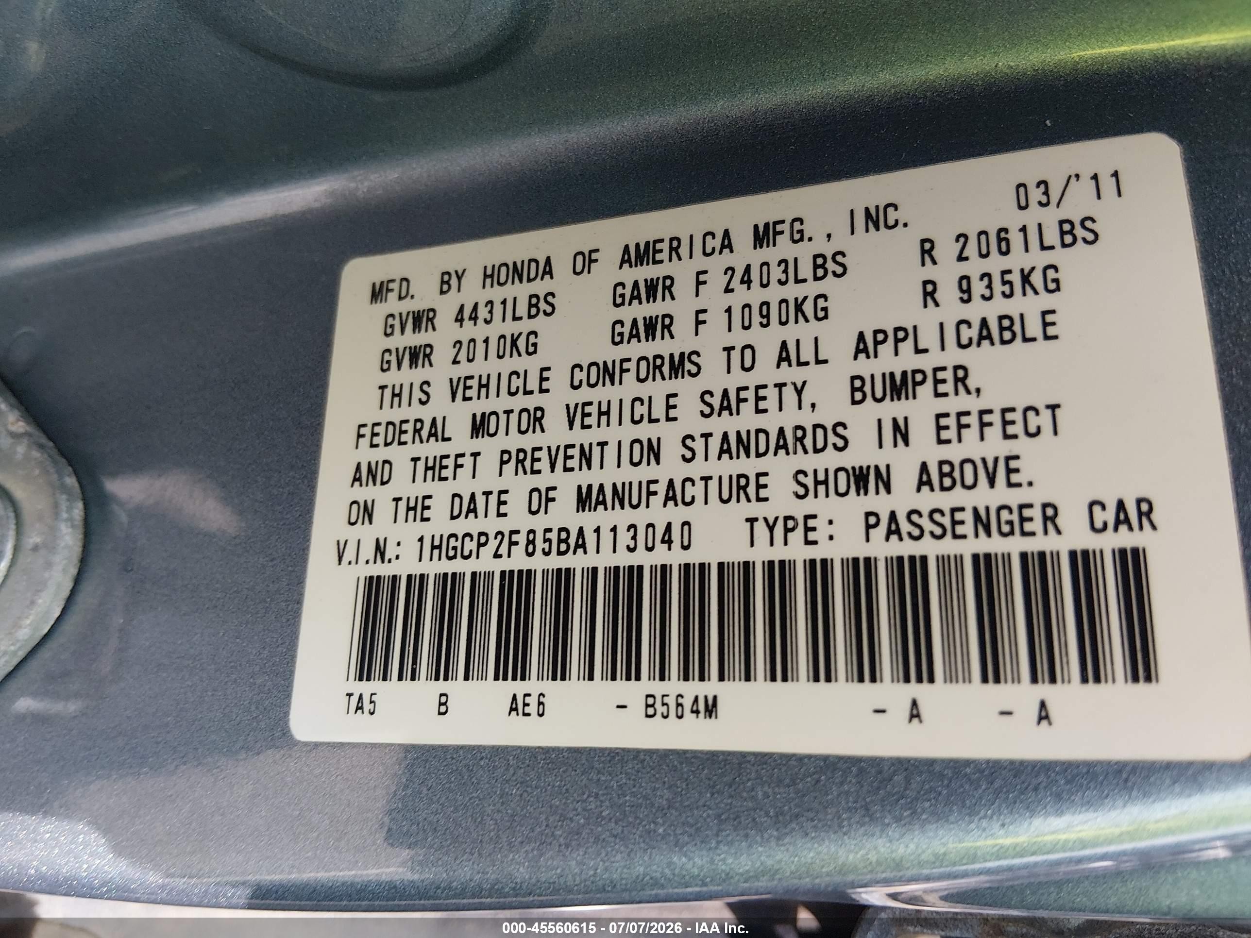 2011 Honda Accord 2.4 Ex-l Light Blue vin: 1HGCP2F85BA113040