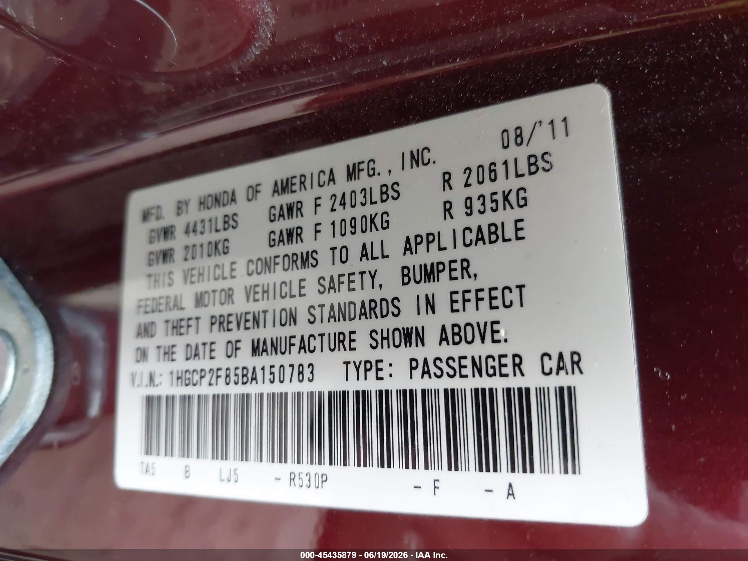 2011 Honda Accord 2.4 Ex-l Burgundy vin: 1HGCP2F85BA150783